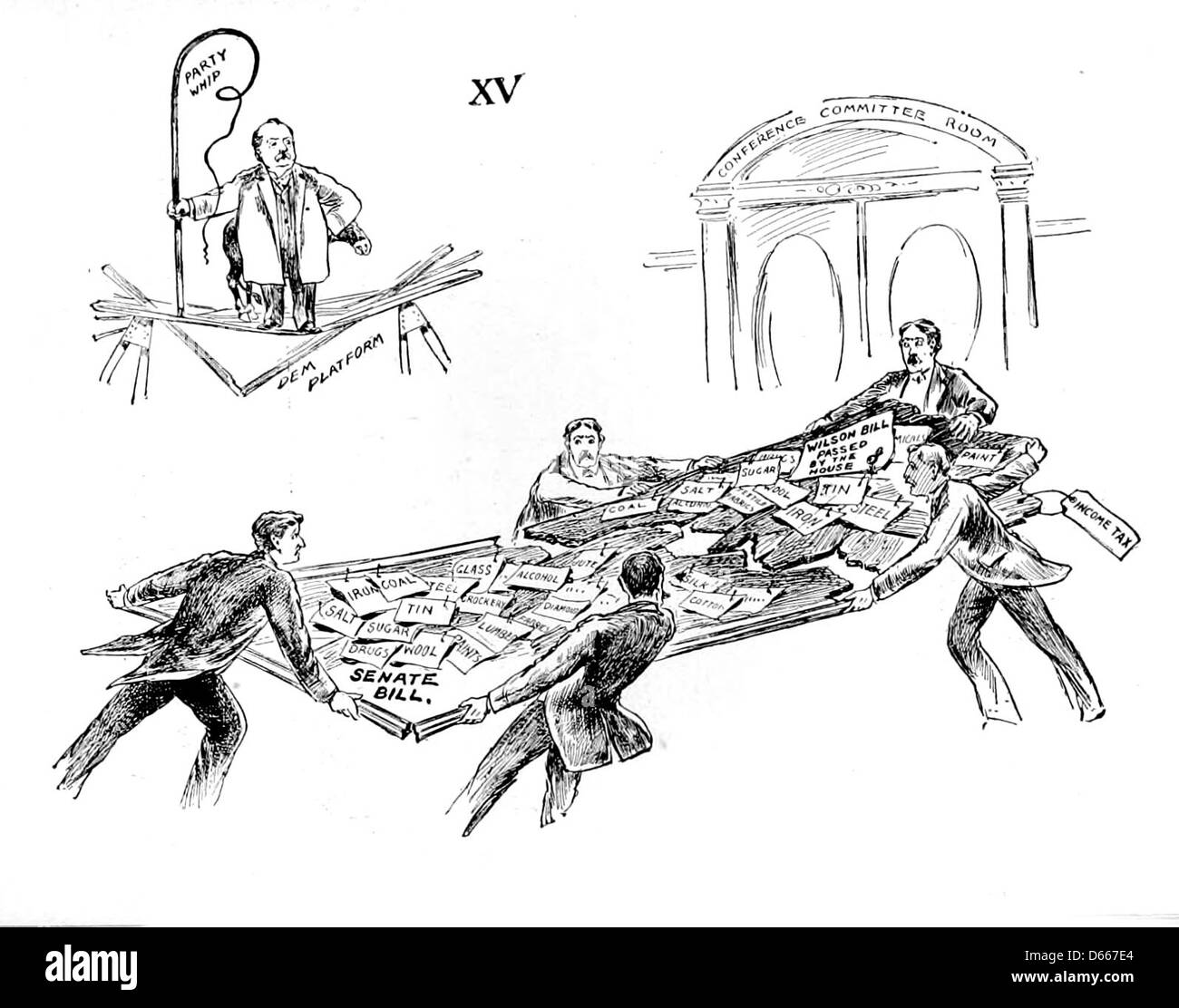 Questa illustrazione del 1894 raffigura una storia politica incentrata sulle questioni del libero scambio, dell'imposta sul reddito e delle riforme tariffarie, temi centrali della piattaforma del Partito Democratico del 1894. L'immagine fornisce un commento visivo su questi dibattiti politici dell'epoca. Foto Stock