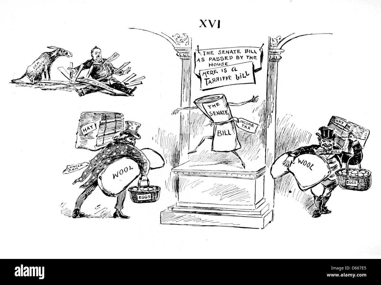 Un'illustrazione del 1894 tratta da "una storia senza parole", che riflette temi politici come il libero scambio, l'imposta sul reddito e le tariffe. L'immagine cattura il discorso politico del tempo senza fare affidamento su una spiegazione testuale, utilizzando simboli visivi. Foto Stock