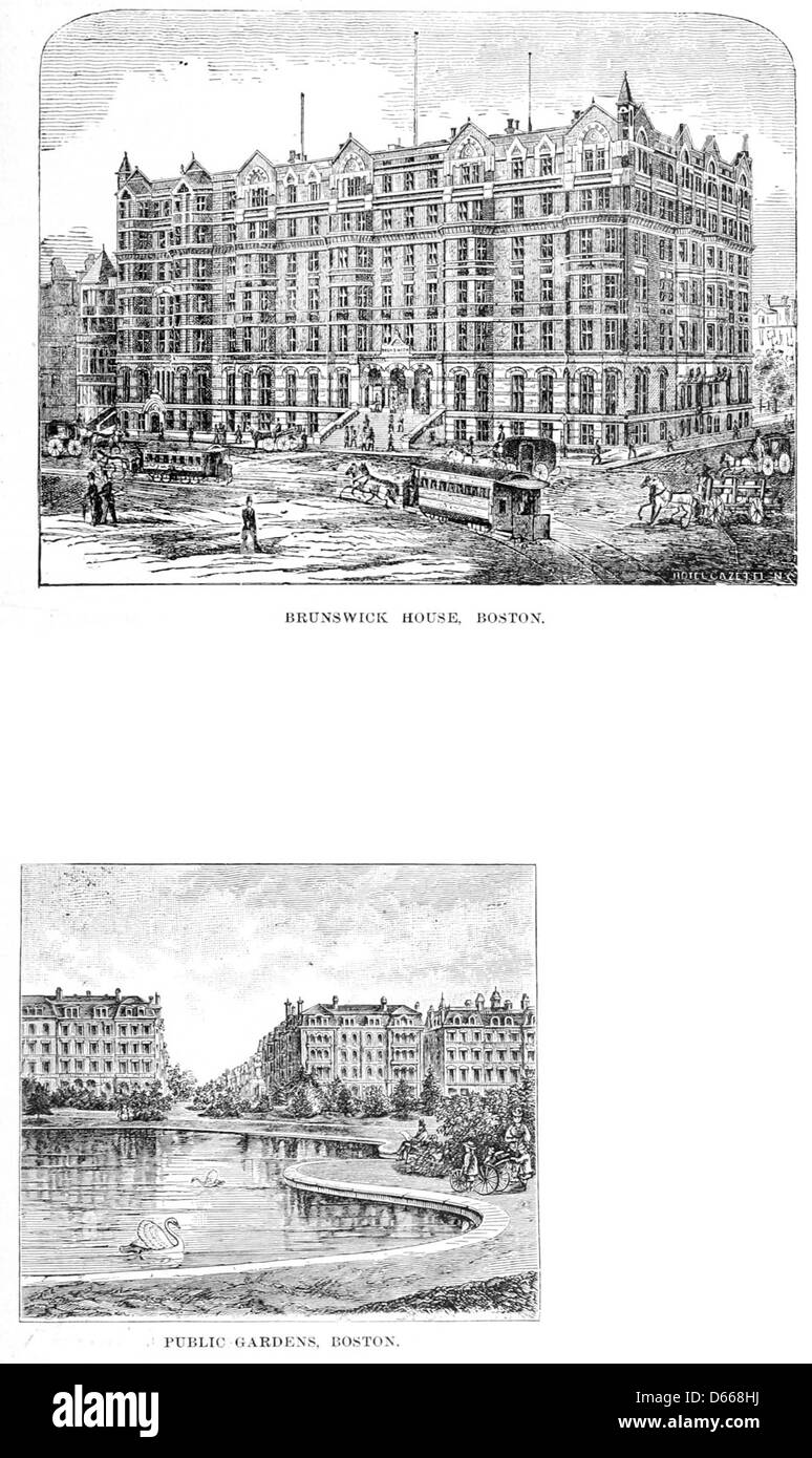 Una fotografia o illustrazione del 1879 che mostra i vacanzieri che si godono il loro soggiorno estivo alle White Mountains, con il Brunswick Hotel e il Boston Public Garden presenti nell'immagine. La scena raffigura viaggi di piacere durante la fine del XIX secolo. Foto Stock