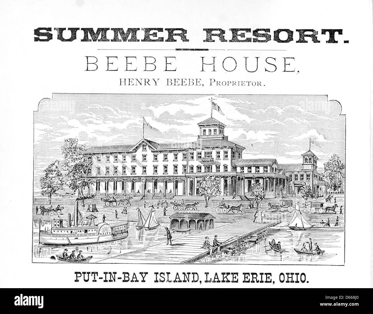 Questa fotografia del 1879 mostra la Beebe House a Put-in-Bay Island sul lago Erie, Ohio, durante la sua terza stagione. L'immagine cattura l'atmosfera di vacanza stagionale della regione, famosa per la sua bellezza naturale. Foto Stock