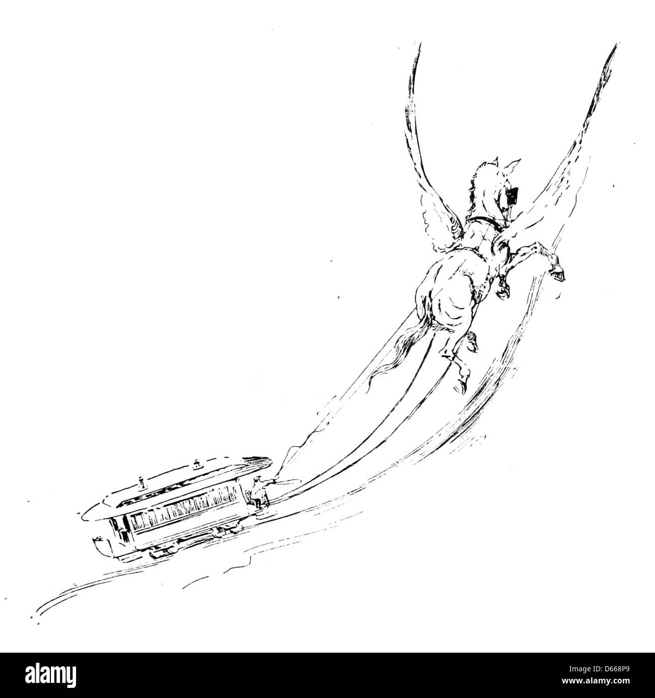Questa illustrazione del 1894 tratta da "A tale of A Halo" raffigura un cavallo alato (Pegasus) accanto a un tram, mescolando fantasia e vita di tutti i giorni. L'immagine fa parte di una narrazione fantastica che intreccia creature mitiche con scene urbane moderne. Foto Stock