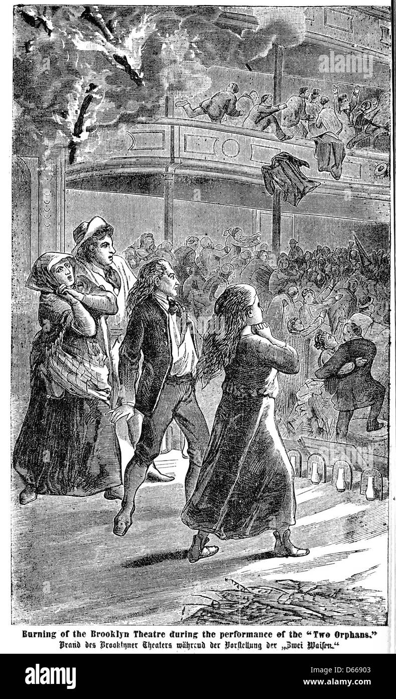 Una rappresentazione o una fotografia del 1876 che descrive in dettaglio un evento a Brooklyn, catturando un'esperienza drammatica o legata all'orrore. Foto Stock