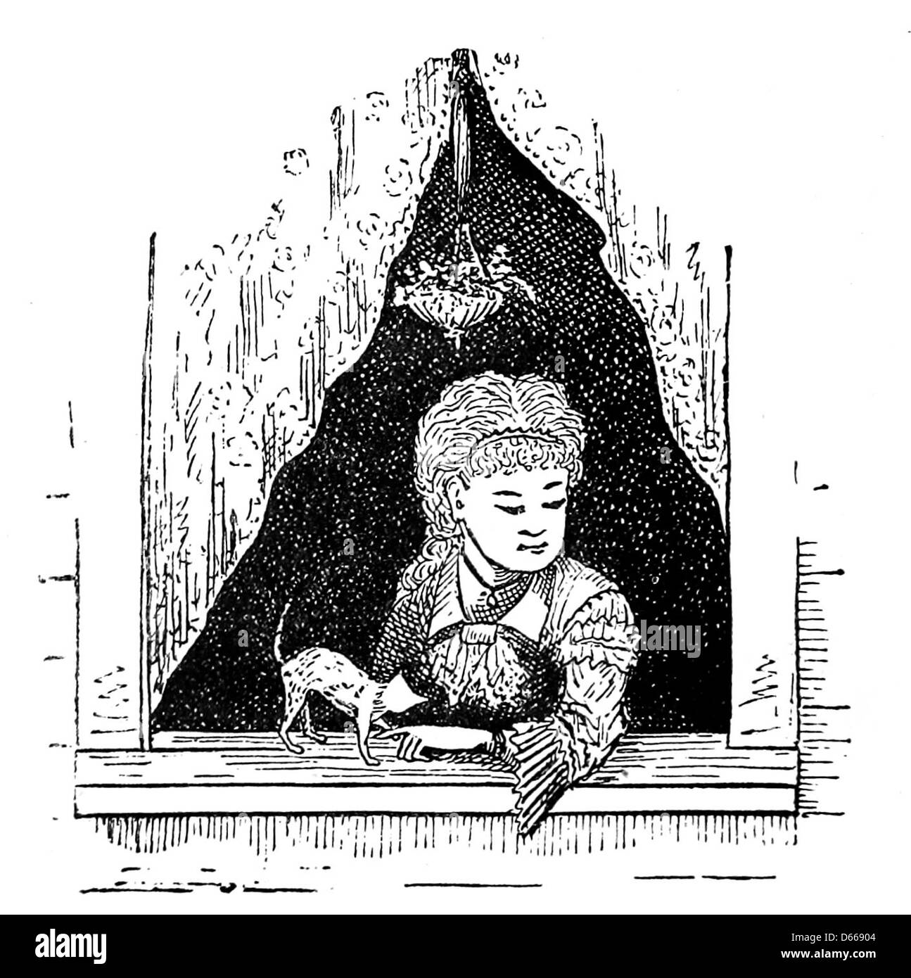 Un'illustrazione di "A Tramp Abroad" (1885), raffigurante un gatto e gattino vicino alla finestra, con una giovane donna. Questa immagine fa parte della vasta collezione di illustrazioni che accompagnano il libro di viaggio di Mark Twain. Foto Stock