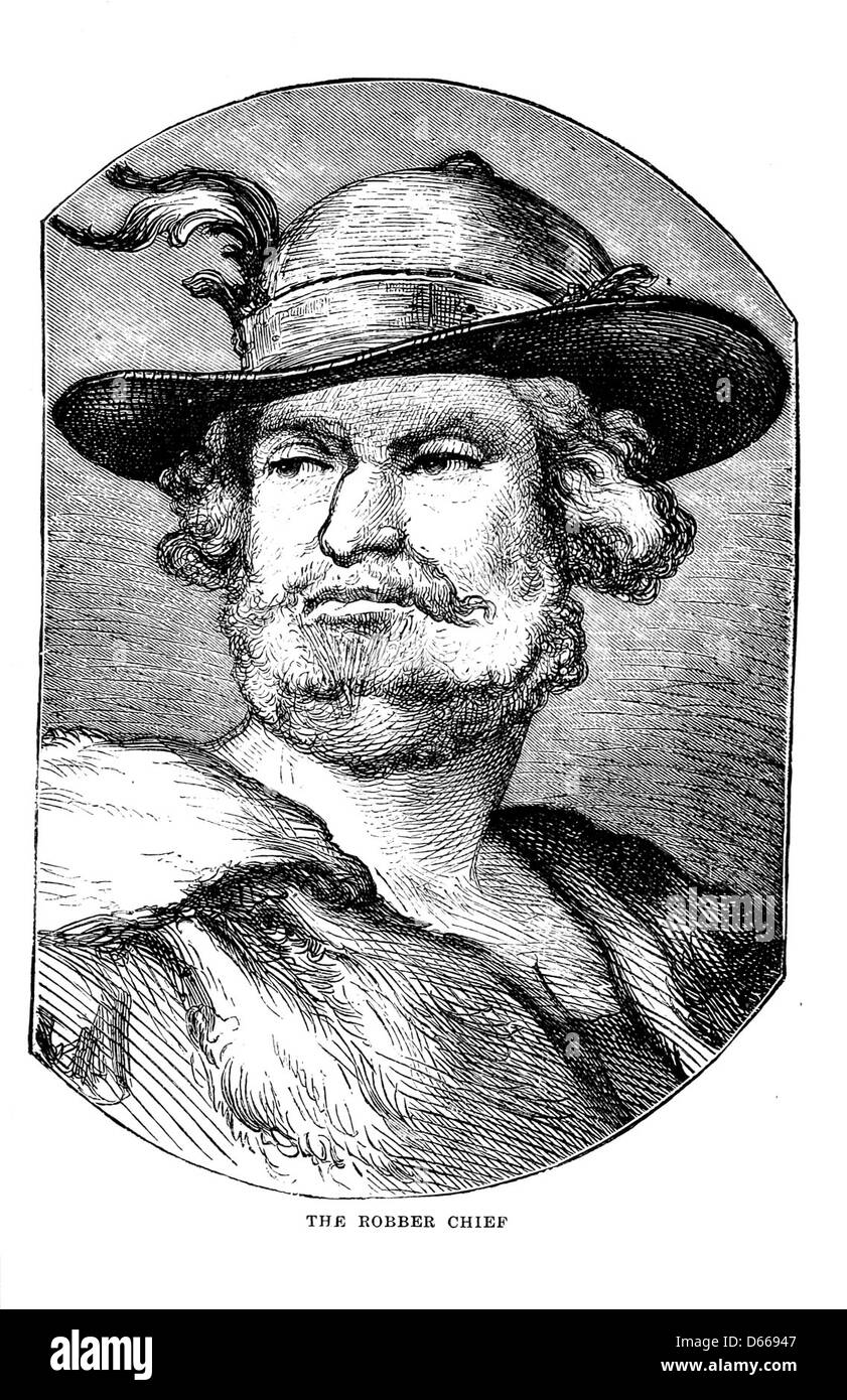 Un'illustrazione di "A Tramp Abroad" (1885), raffigurante un capo rapinatore in una scena drammatica. L'immagine, creata da vari artisti, cattura un momento dal racconto di viaggio di Mark Twain del suo viaggio attraverso l'Europa. Foto Stock