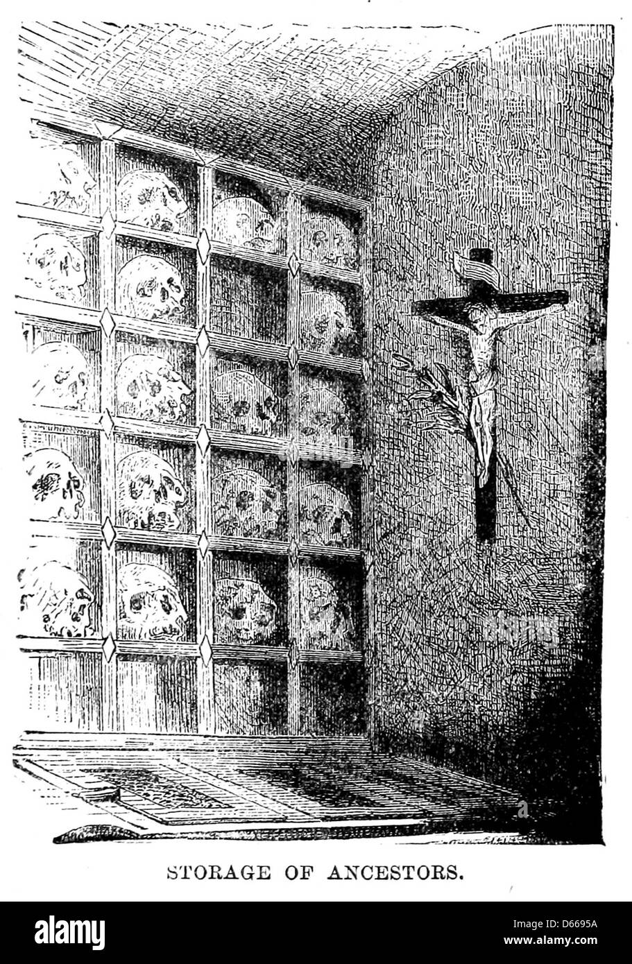 Questa edizione 1885 di 'A Tramp Abroad' è illustrata da vari artisti tra cui W. P. Brown, True Williams e B. Day. Presenta oltre 300 illustrazioni, con un mix di opere d'arte esterne e create dall'autore, che mostrano i viaggi dell'autore. Il libro mette in evidenza temi come antenati, chiese, croci e teschi durante il viaggio. Foto Stock