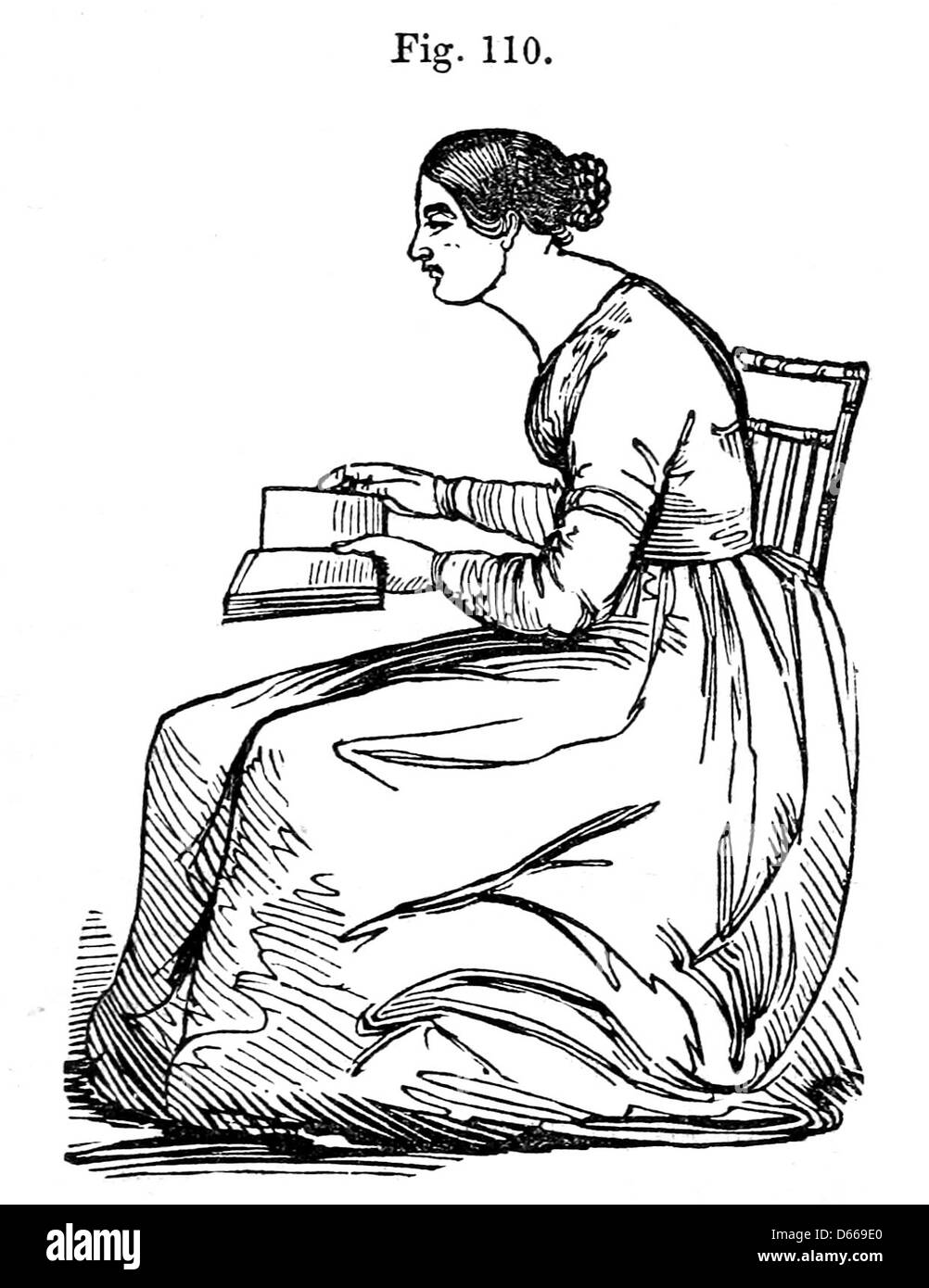 Un'illustrazione del 1849 tratta da "A Treatise on Anatomy, Physiology, and Hygiene", che sottolinea l'importanza di una postura corretta durante la lettura. Questa immagine riflette i primi insegnamenti medici sul corpo umano e sulla salute durante la metà del XIX secolo. Foto Stock