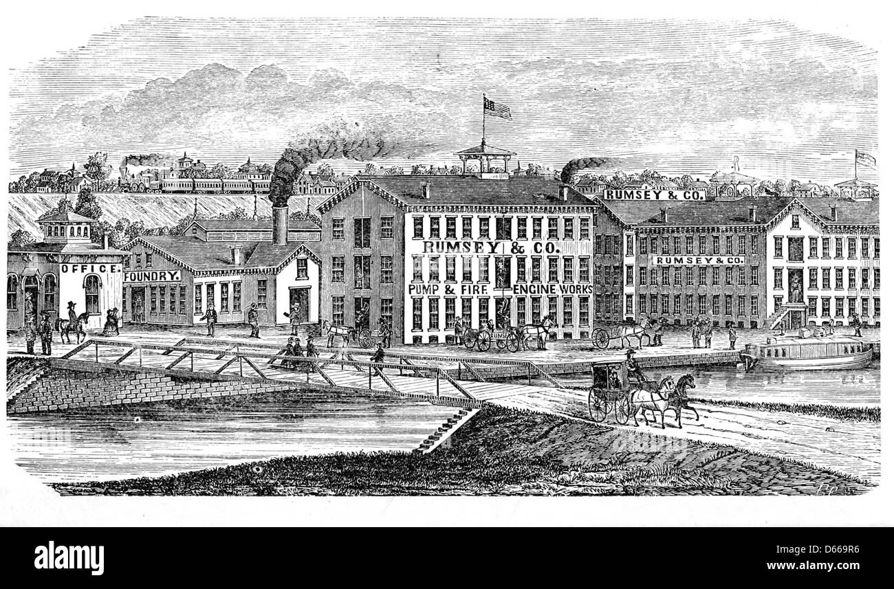Questa pubblicazione del 1878 offre uno sguardo dettagliato su St. Louis, concentrandosi sulla vita industriale e civica della città. L'immagine raffigura probabilmente le opere Pump & Fire Engine di Rumsey and Company, uno stabilimento industriale chiave durante il periodo, che mostra le prime tecnologie antincendio e la produzione. Foto Stock