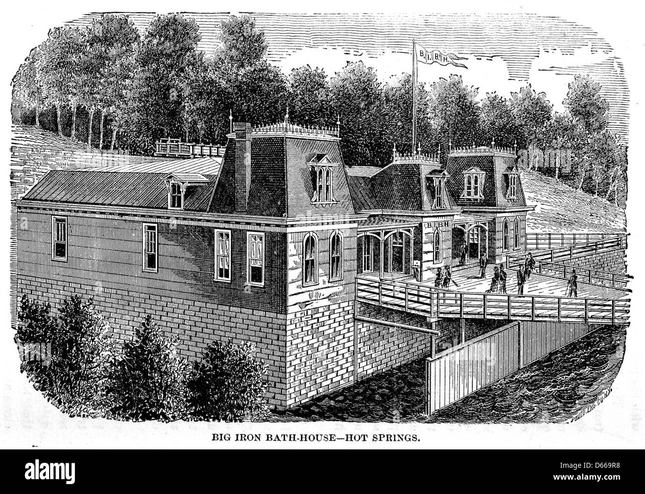 Una fotografia del 1878 da *Un Tour di St. Louis*, che mostra l'interno della Big Iron Bath-House, una popolare località termale della città. L'immagine mette in evidenza la grande struttura in ferro e l'area balneare, che rappresenta lo sviluppo della città come destinazione per la salute e il tempo libero. Foto Stock