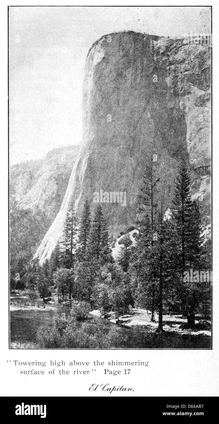 Questa fotografia del 1908 mostra l'iconico El Capitan, un massiccio monolite di granito nella Yosemite Valley. L'immagine cattura la sua grandezza e la splendida bellezza naturale della valle delle montagne della Sierra Nevada in California. Foto Stock