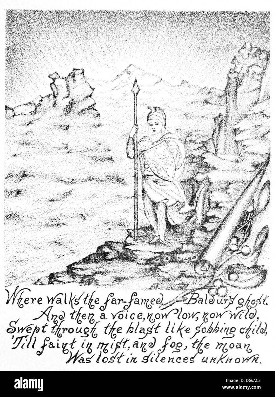 Questa illustrazione del 1888 raffigura Baldur, il dio norreno associato alla luce e alla bellezza, circondato da un vischio. Secondo la mitologia, il mistero giocò un ruolo fondamentale nella morte di Baldur, rendendolo un simbolo significativo nella cultura norrena. Foto Stock