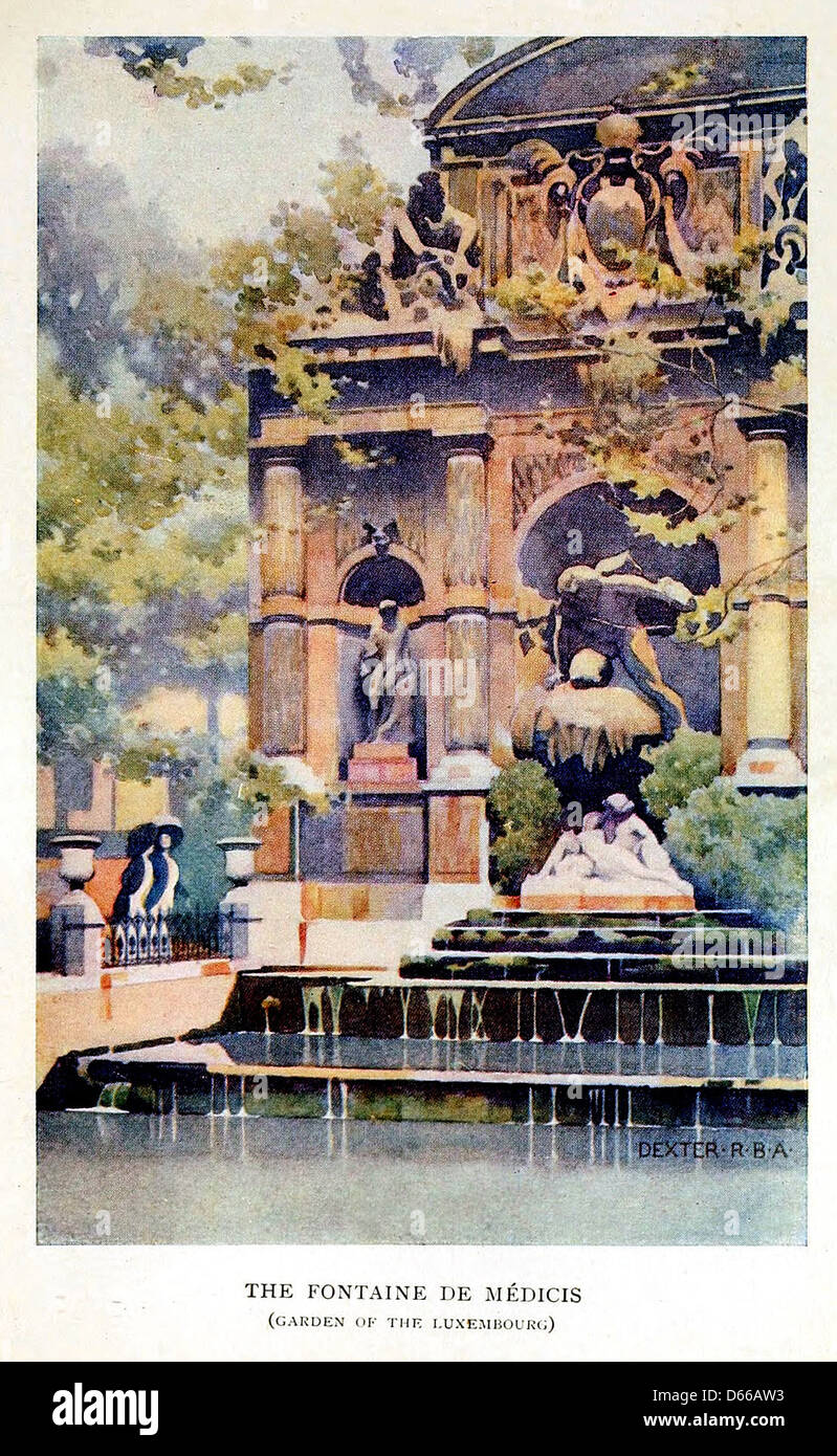 Un'immagine del 1909 della Fontaine de Medicis, una fontana storica situata nei Giardini del Lussemburgo di Parigi. La fotografia cattura l'architettura ornata e l'atmosfera tranquilla di questo famoso monumento parigino. Foto Stock