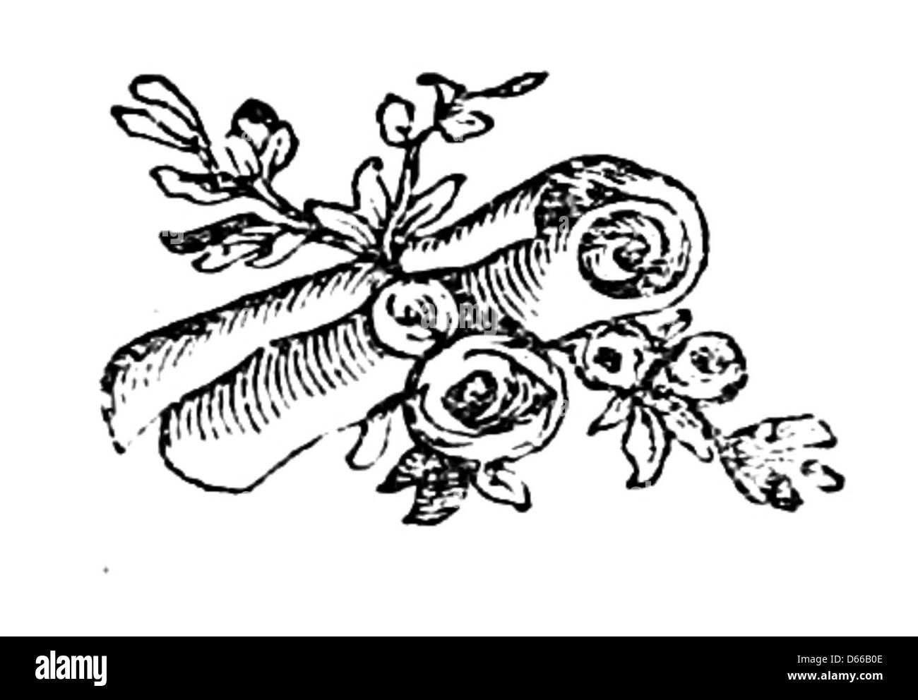 Un'illustrazione tratta da "A Wayside Flower, and Other Poems" (1875), che presenta un bordo decorativo con baffi, fleuron e fiorenti rotoli. Il design mette in risalto la tipografia e gli ornamenti tipici dell'epoca, completando la poesia con abbellimenti simbolici e artistici. Foto Stock