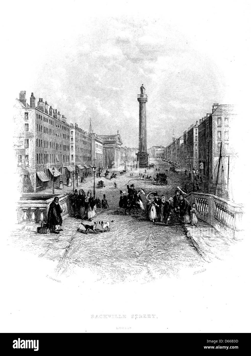 Questa immagine del 1850 mostra Sackville Street a Dublino, Irlanda, come parte di un più ampio account di viaggio che descrive Killarney. La vivace strada è un centro di attività, che illustra la vita cittadina di Dublino durante l'epoca vittoriana. Foto Stock