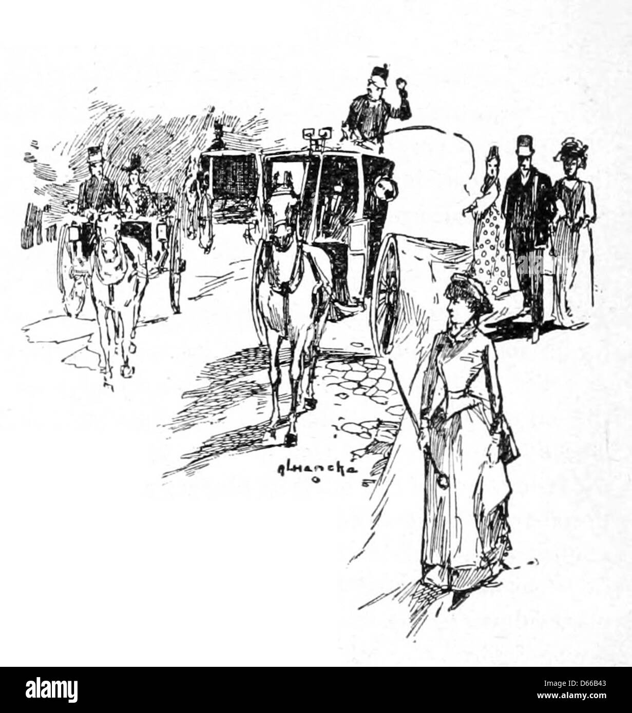 Questa fotografia o illustrazione del 1891 tratta da "Una settimana A New York" cattura una carrozza trainata da cavalli che viaggia per le strade di New York. Riflette la vita urbana della città e i metodi di trasporto alla fine del XIX secolo. Foto Stock