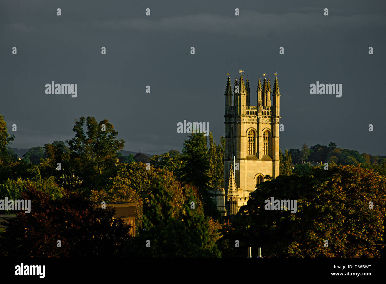 Vista di Magdalen Tower, Magdalen College, Università di Oxford al crepuscolo Foto Stock