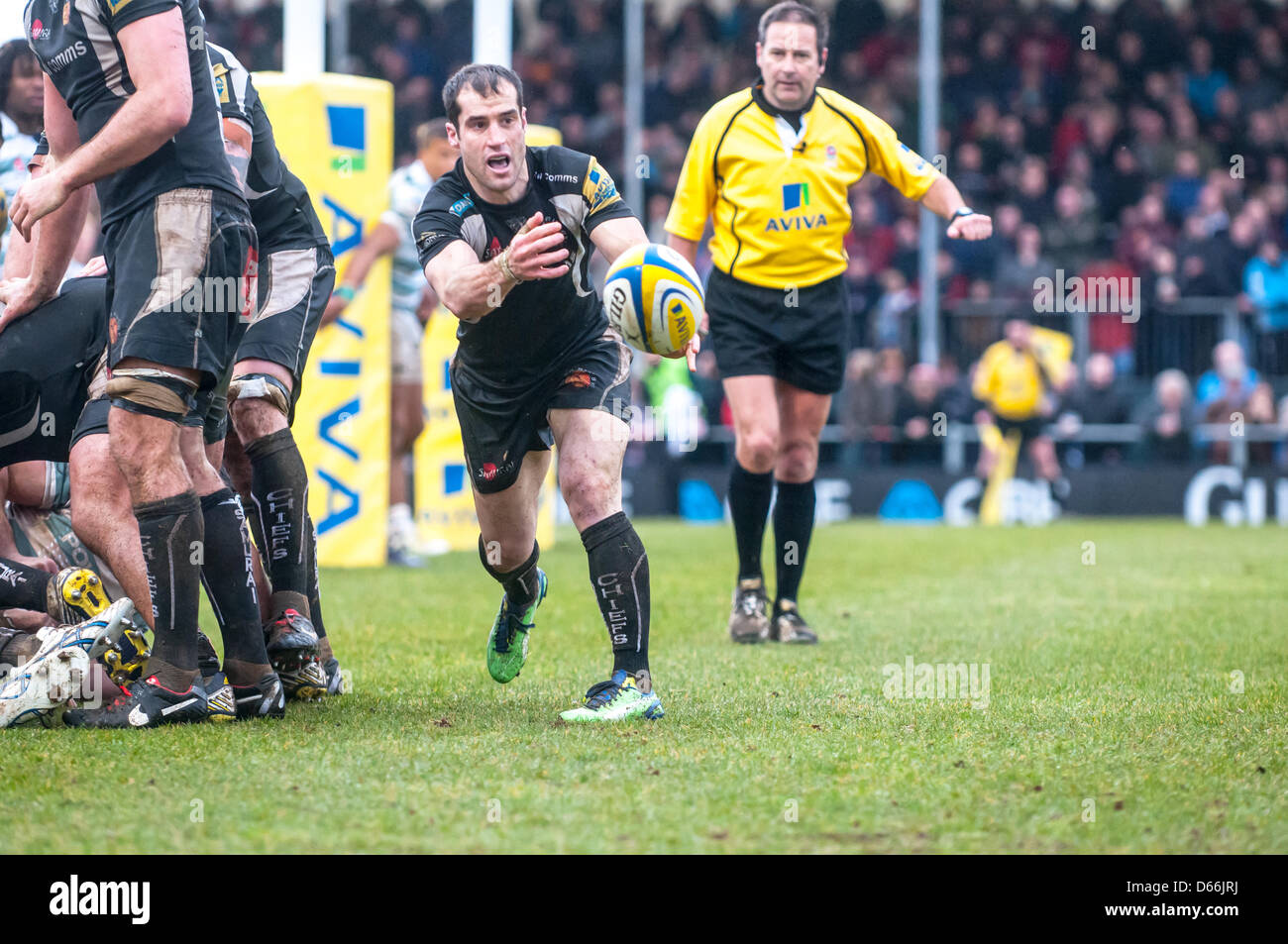 Exeter's Scrum-metà, Haydn Thomas passa la palla dal ruck durante la Aviva Premiership match tra Exeter Chiefs & London Irish al Sandy Park Stadium, Exeter, Devon, Regno Unito il 13 aprile, 2013 Foto Stock