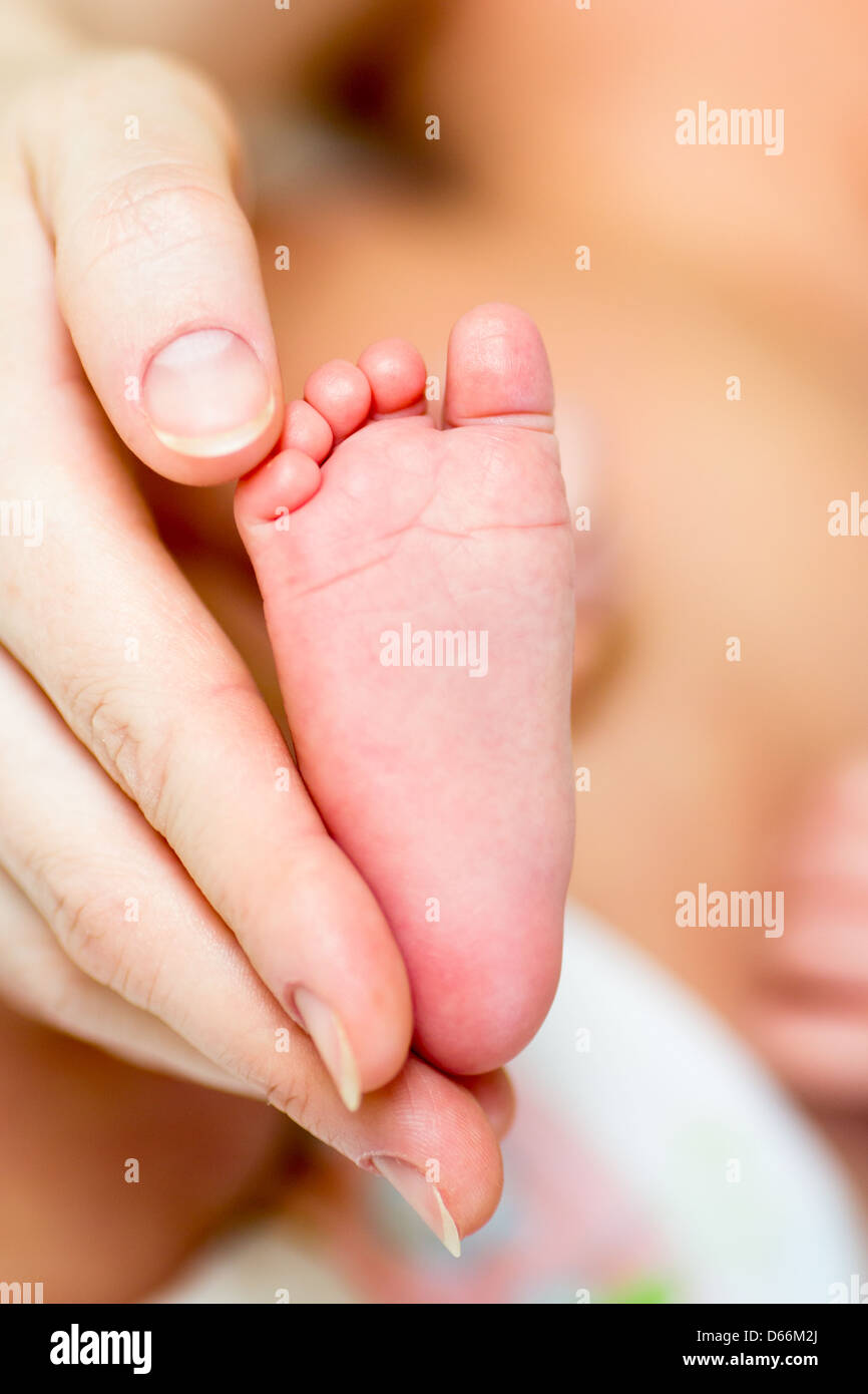 Madre della mano che tiene piccolo bimbo piede Foto Stock