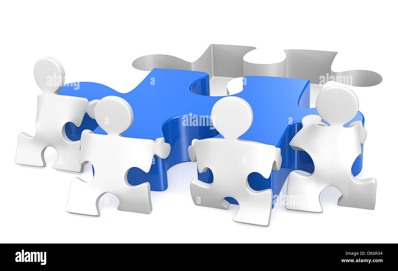 Puzzle persone x4 aiutare fuori mettendo il pezzo in posizione. Blu. Foto Stock