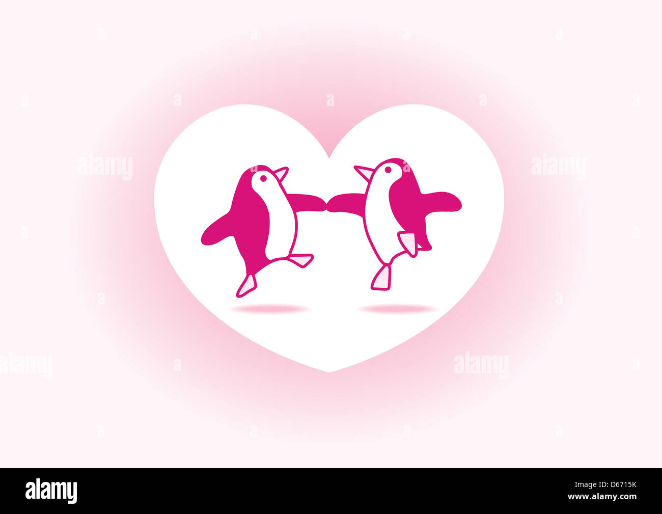 Due felici i pinguini Rosa Dancing in un cuore bianco su un morbido sfondo rosa Foto Stock