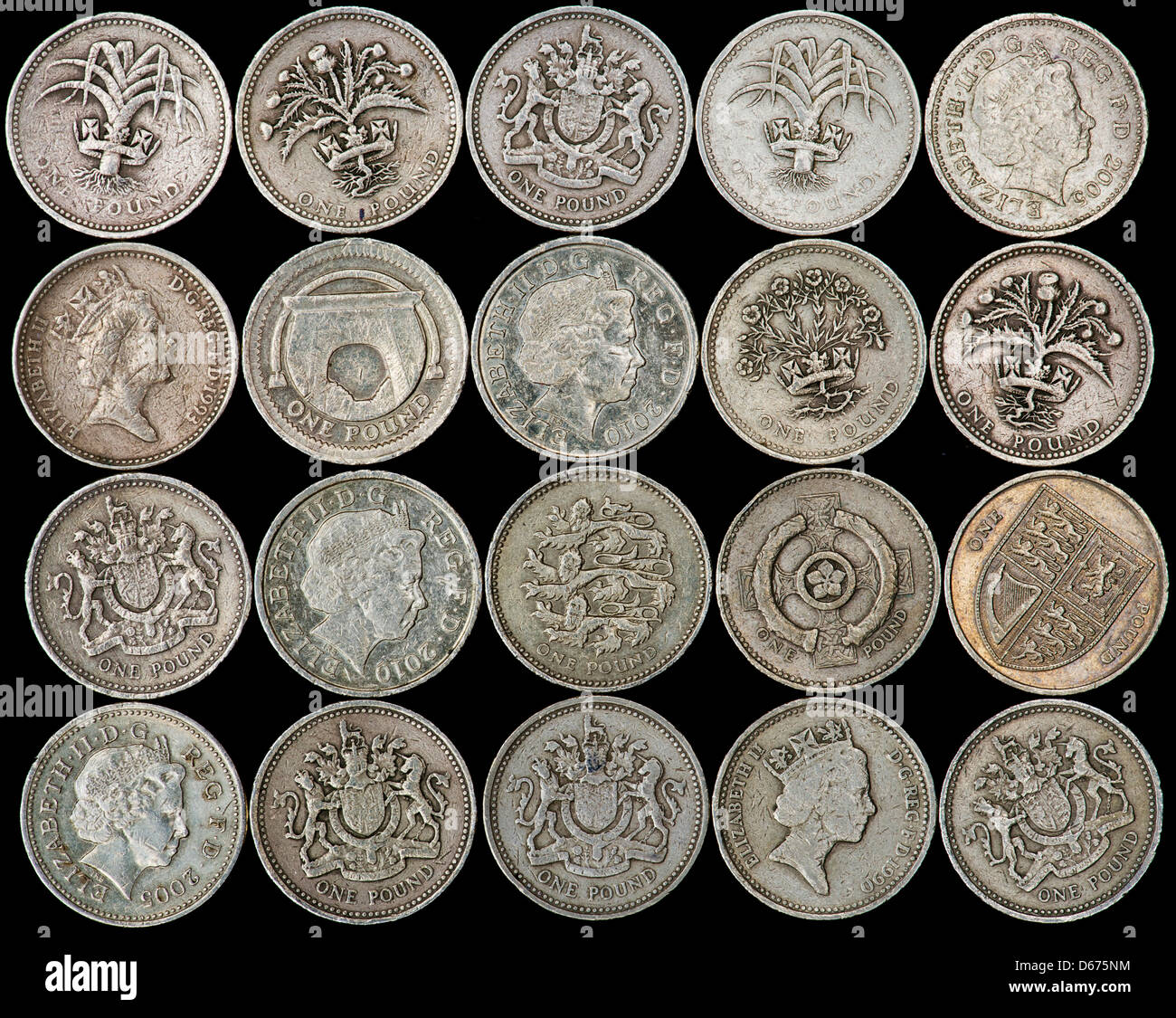 Uno Sterling Pound coin pattern su sfondo nero Foto Stock