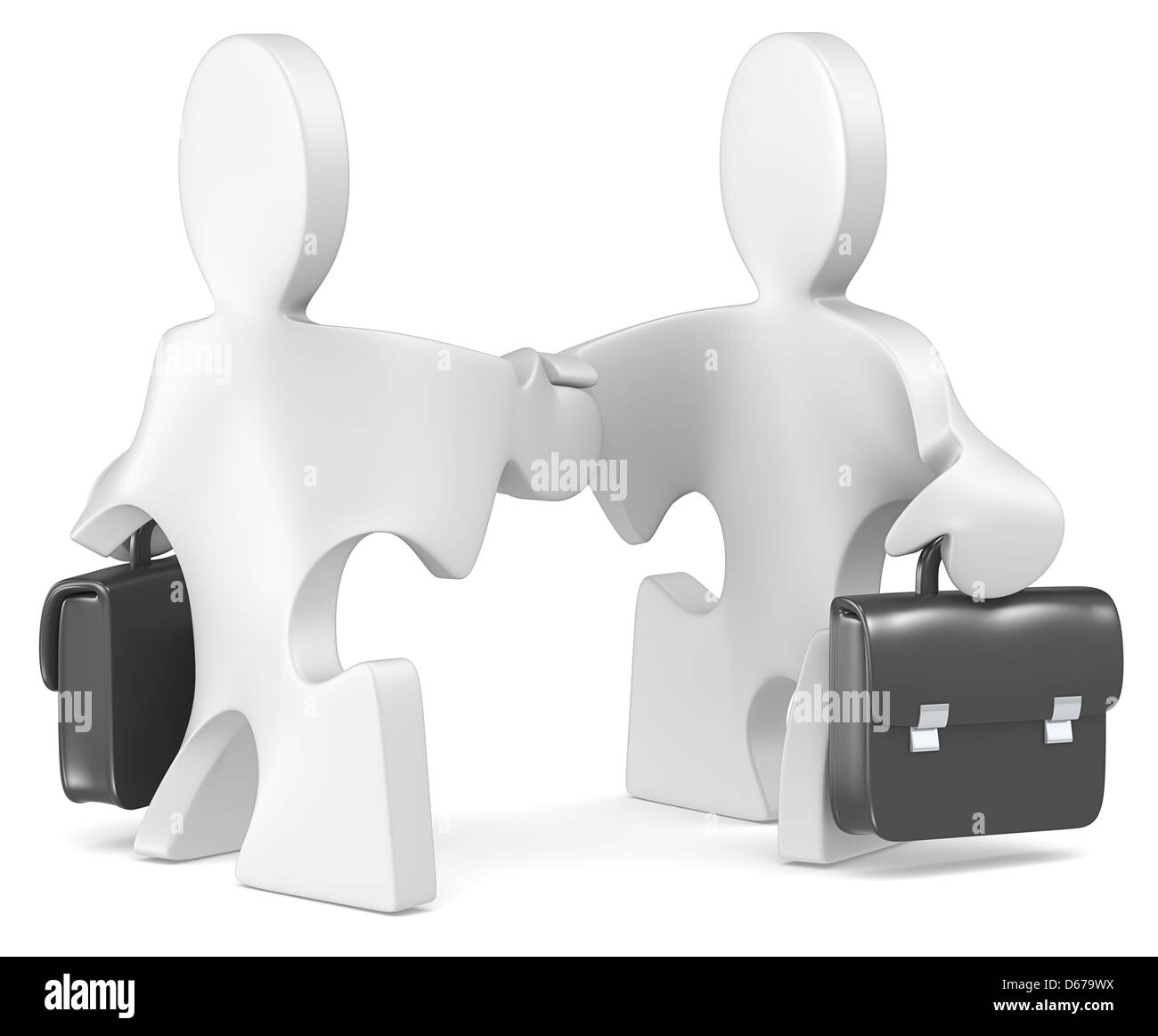 Puzzle persone x 2 con valigetta stringono le mani. Foto Stock