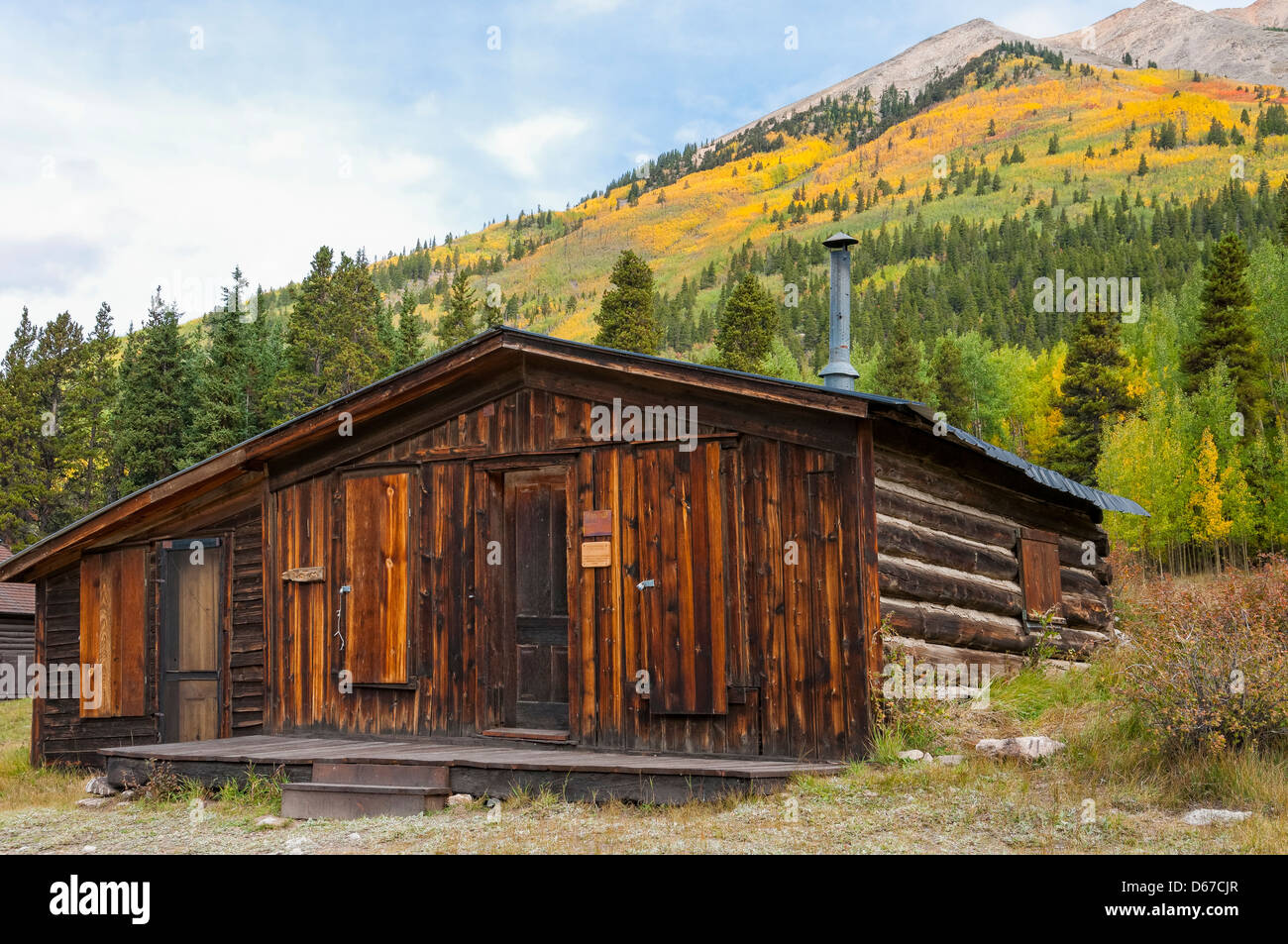 Cabina con fogliame autunnale Winfield città fantasma, Sawatch montagne, Colorado. Foto Stock