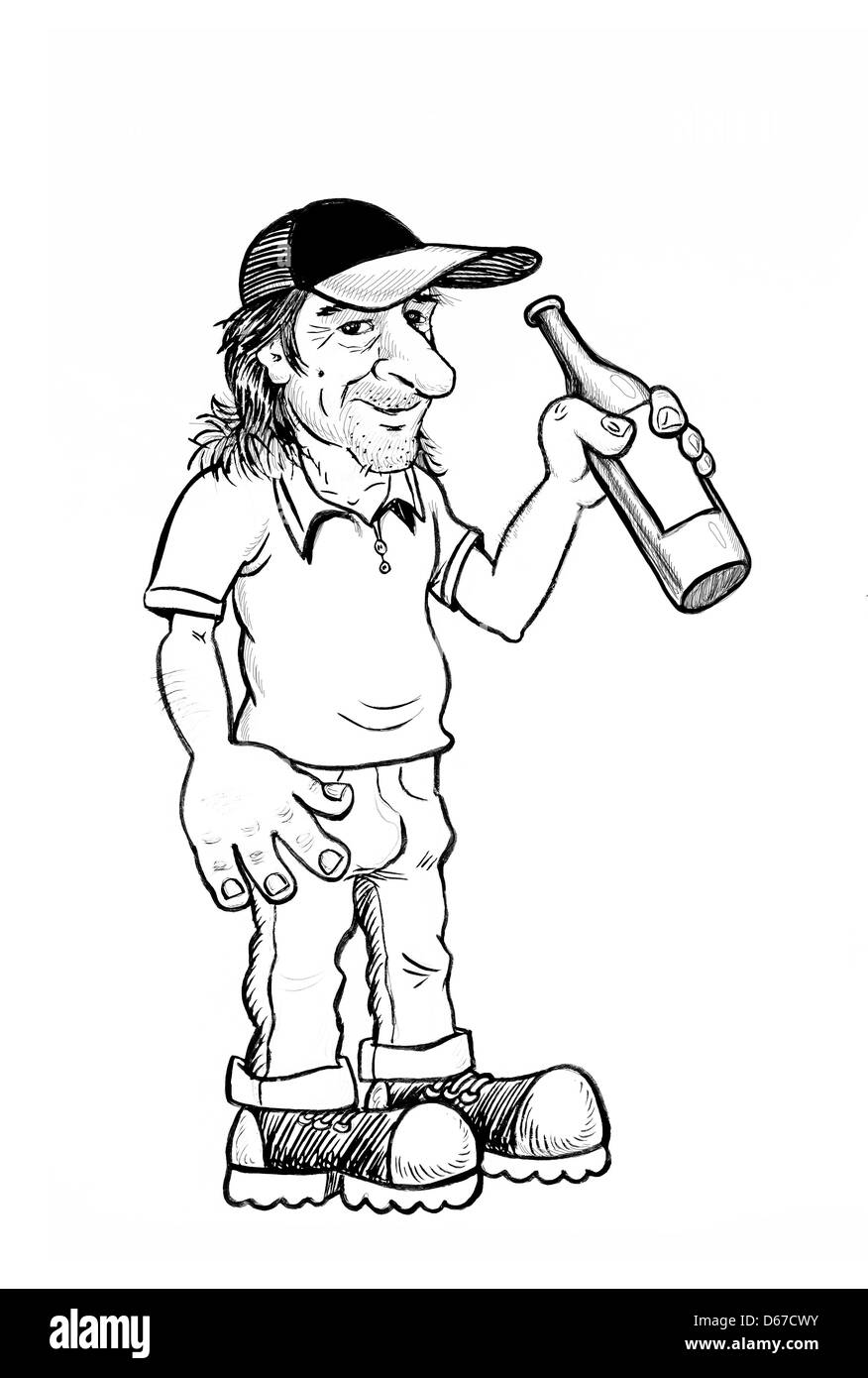 Uomo con bottiglia di alcool, cartoon illustrazione. Foto Stock