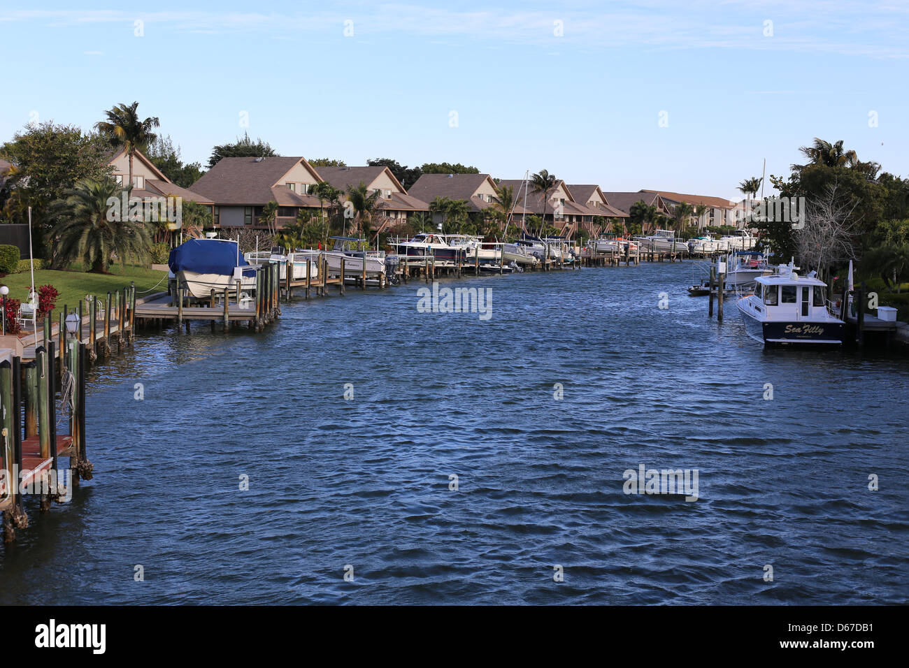 Case sul canale a Sanibel Island, Florida, Stati Uniti d'America Foto Stock