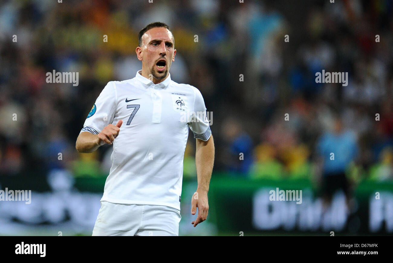 In Francia la Franck Ribery durante UEFA EURO 2012 quarti di finale di partita di calcio Spagna vs Francia presso Donbass Arena a Donetsk, Ucraina, 23 giugno 2012. Foto: Thomas Eisenhuth dpa (si prega di fare riferimento ai capitoli 7 e 8 del http://dpaq.de/Ziovh per UEFA EURO 2012 Termini e Condizioni) Foto Stock