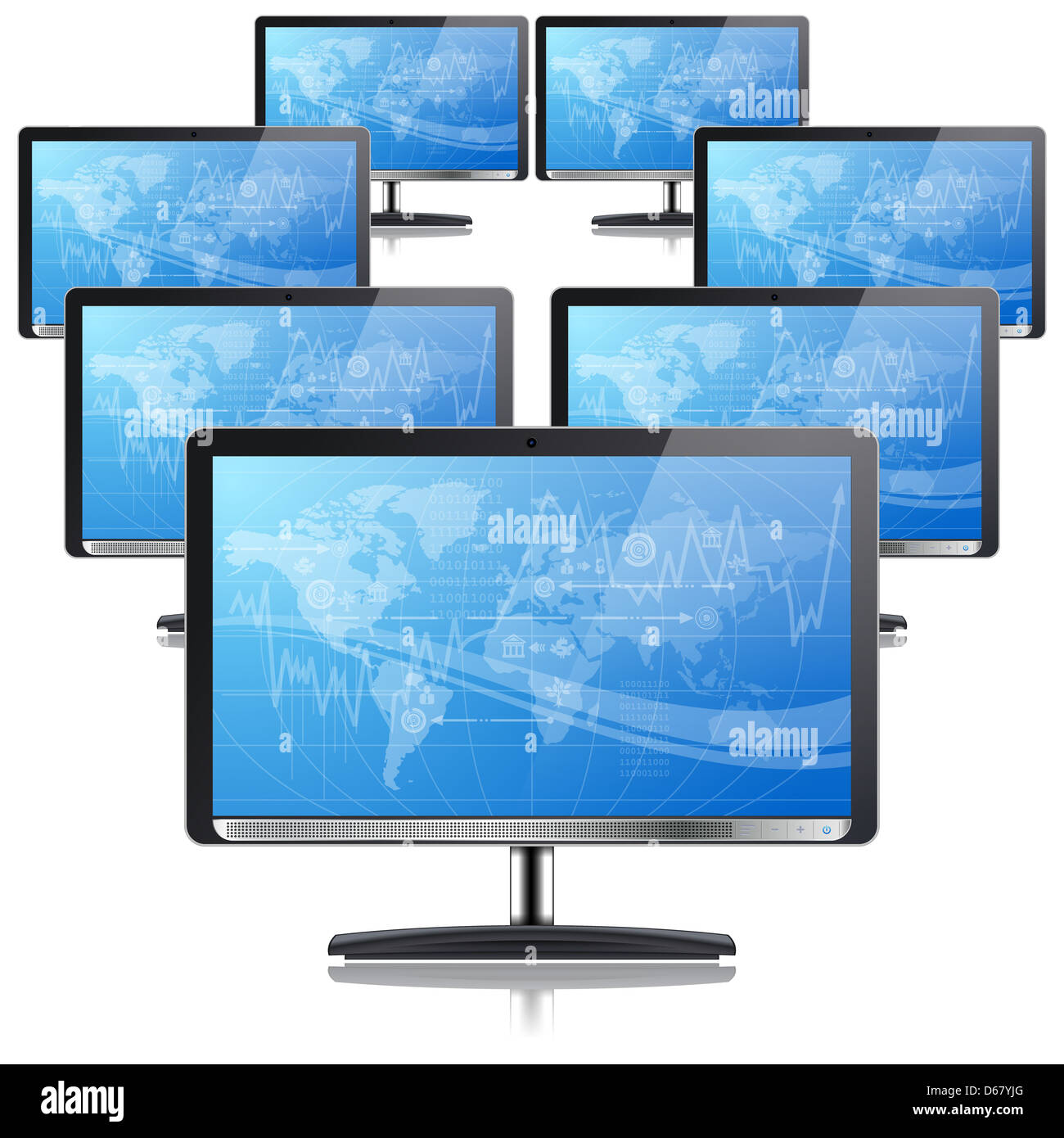 Il concetto di business - grafico sul monitor del computer con la terra e le icone, isolati su sfondo bianco, illustrazione Foto Stock