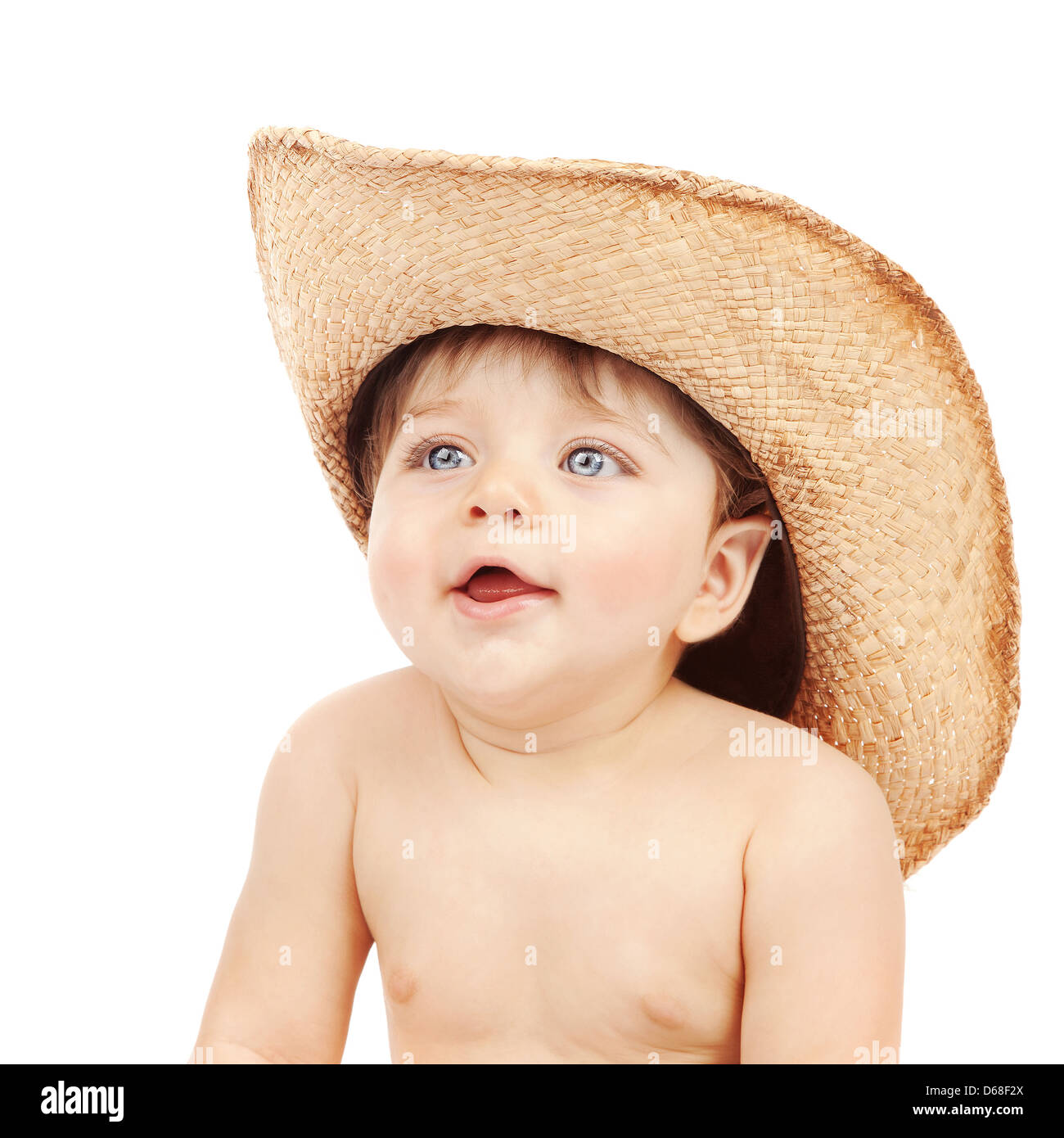 Closeup ritratto di Sweet Little Boy indossando stetson isolati su sfondo bianco, il divertimento e la felicità concept Foto Stock