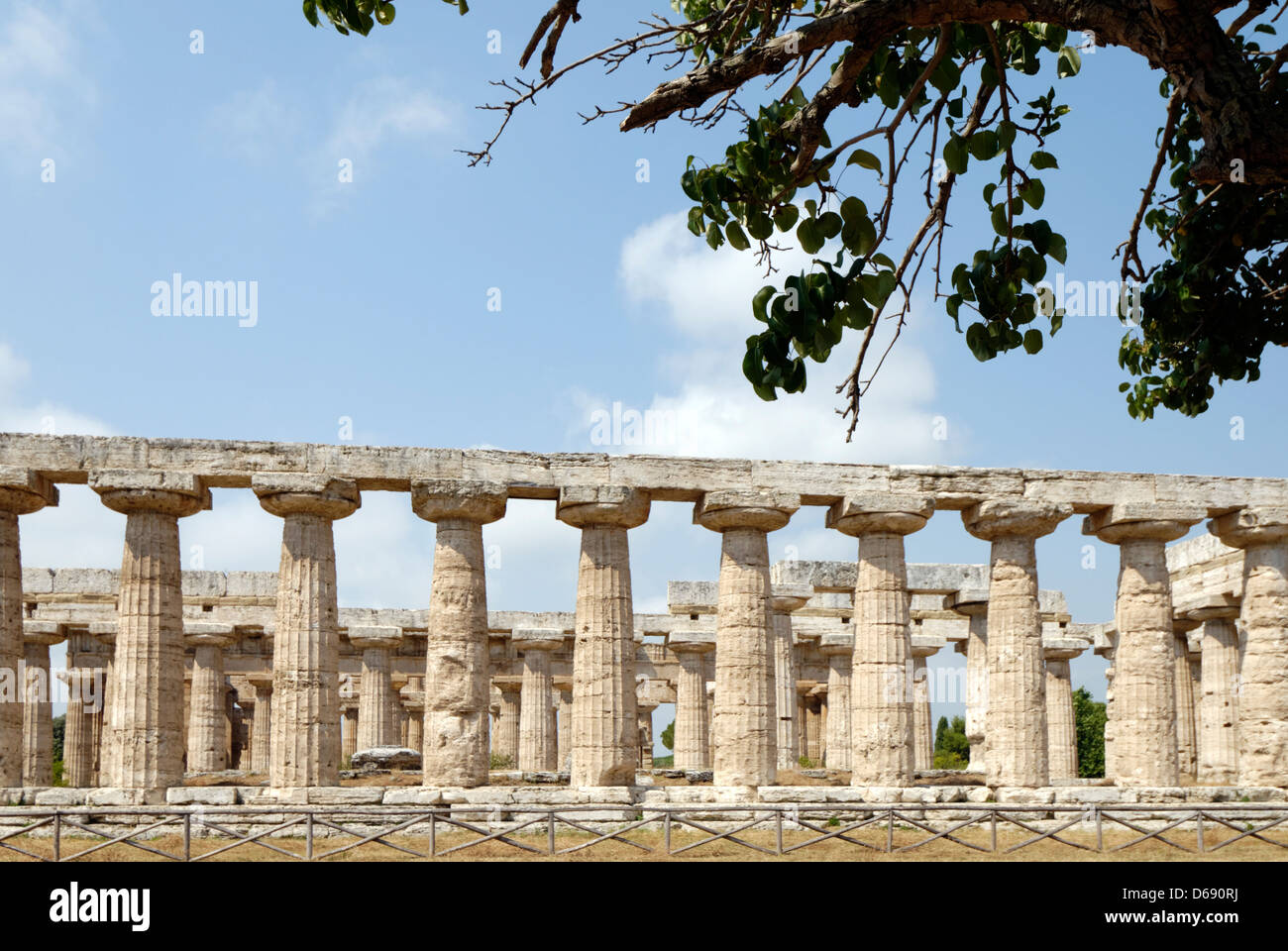 Paestum. L'Italia. Il lato sud del tempio di Hera (o la Basilica) situato nel sud del santuario della città antica. Foto Stock