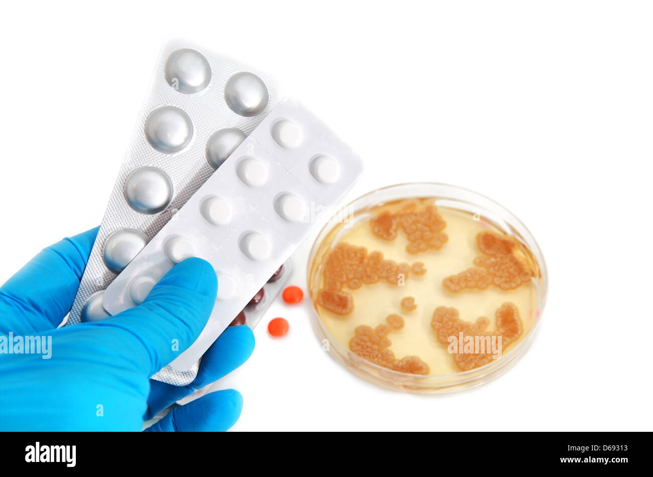 Antibiotici in pillole e Penicillum funghi che producono la penicillina su bianco Foto Stock