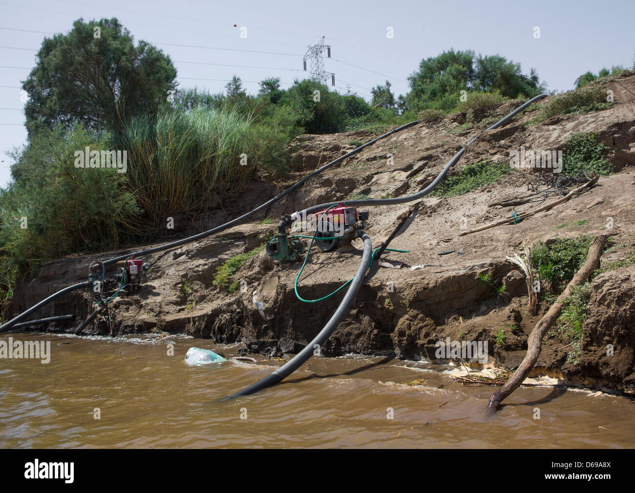 Pompe nel fiume Nilo, Sai Isola, Sudan Foto Stock