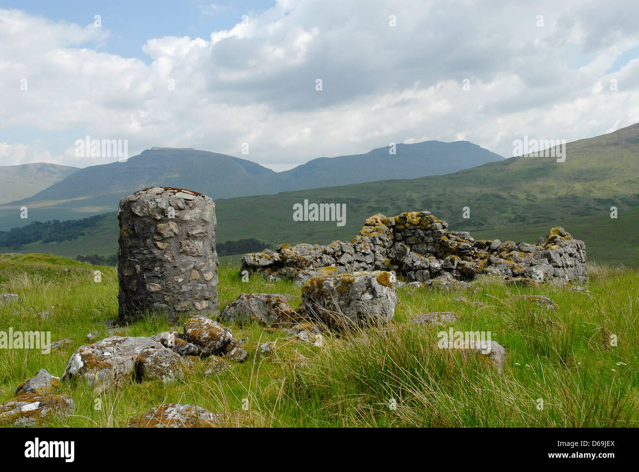 Monumento e resti della casa di Duncan Ban Macintyre, il gaelico scozzese poeta, a Druimliart, Glen Orchy Foto Stock
