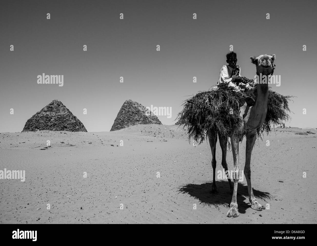 I bambini su un cammello di fronte al Royal Piramidi di Napata, Nuri, Sudan Foto Stock