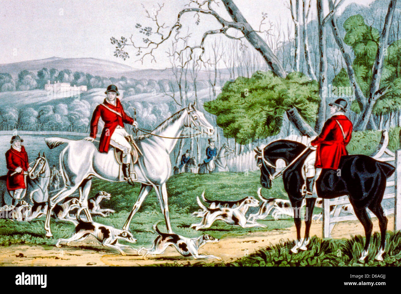 Fox Chase: gettandolo fuori mano - litografia colorata, circa 1846 Foto Stock