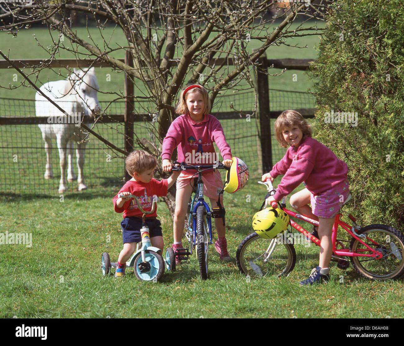 Sorelle e fratelli sulle biciclette in giardino, Winkfield, Berkshire, Inghilterra, Regno Unito Foto Stock