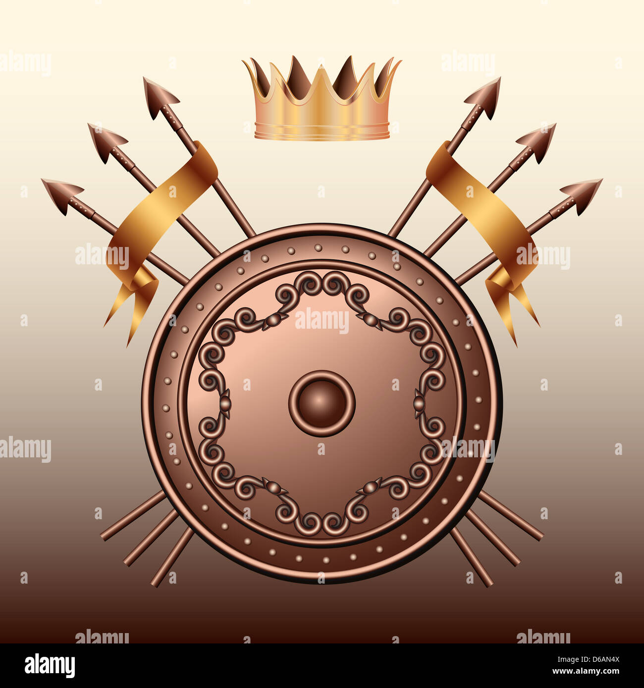 Corona, scudo in bronzo e attraversato spears. Foto Stock