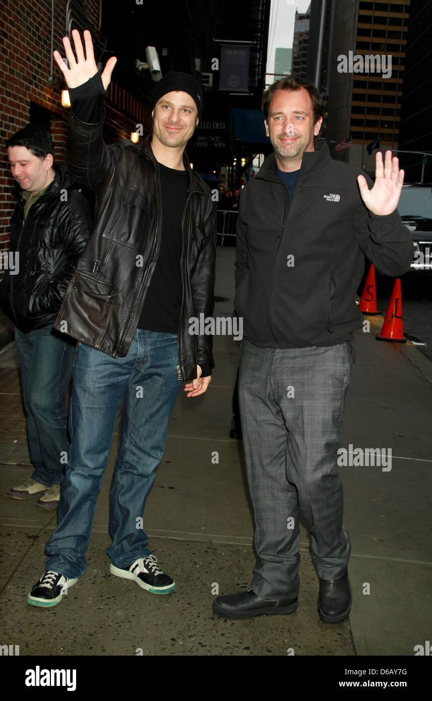 Matt Stone e Trey Parker "Late Show con David Letterman' alla Ed Sullivan Theater - Arrivi New York City, Stati Uniti d'America - Foto Stock