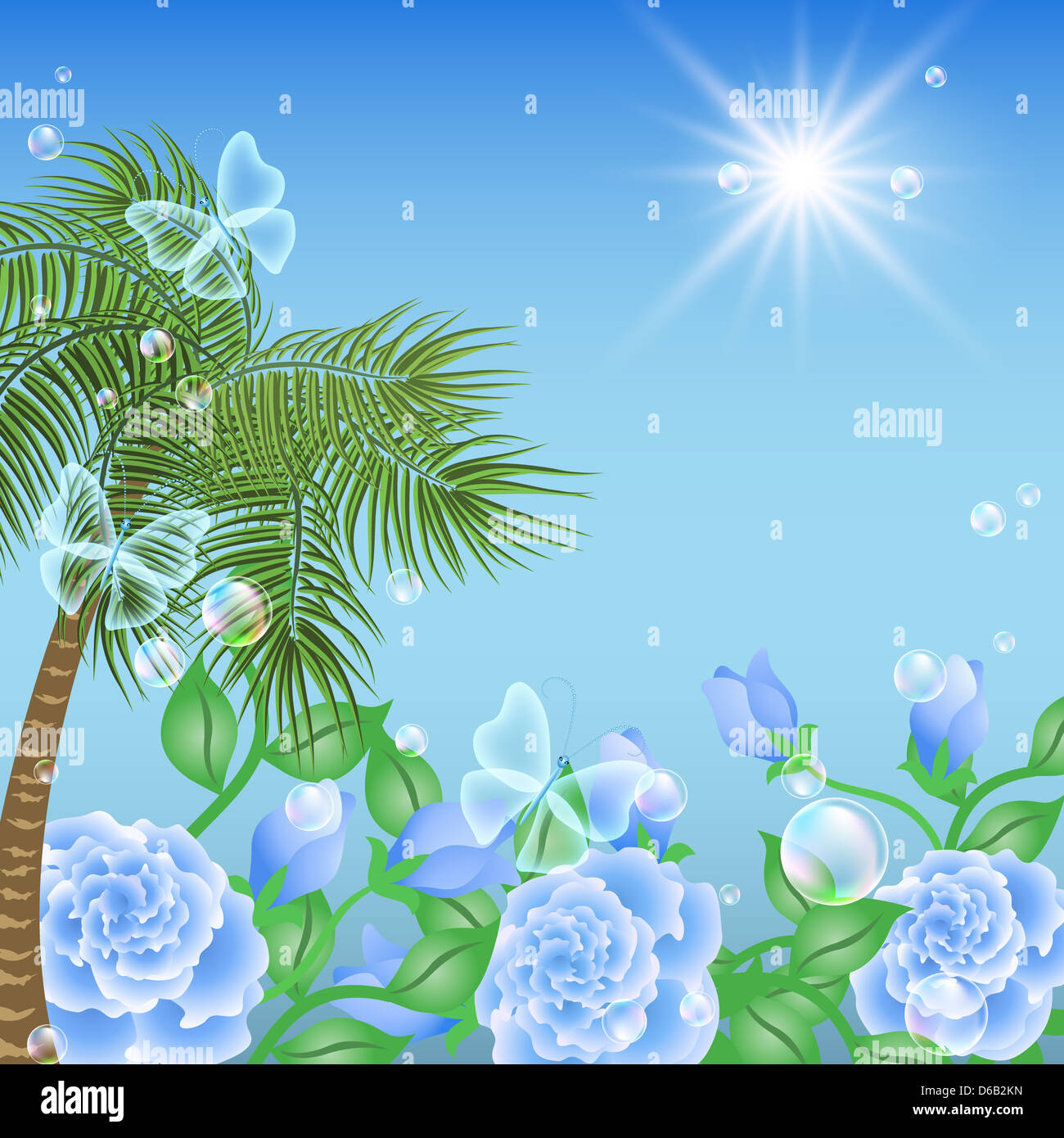 Paesaggio con palme, fiori e farfalle e sun Foto Stock