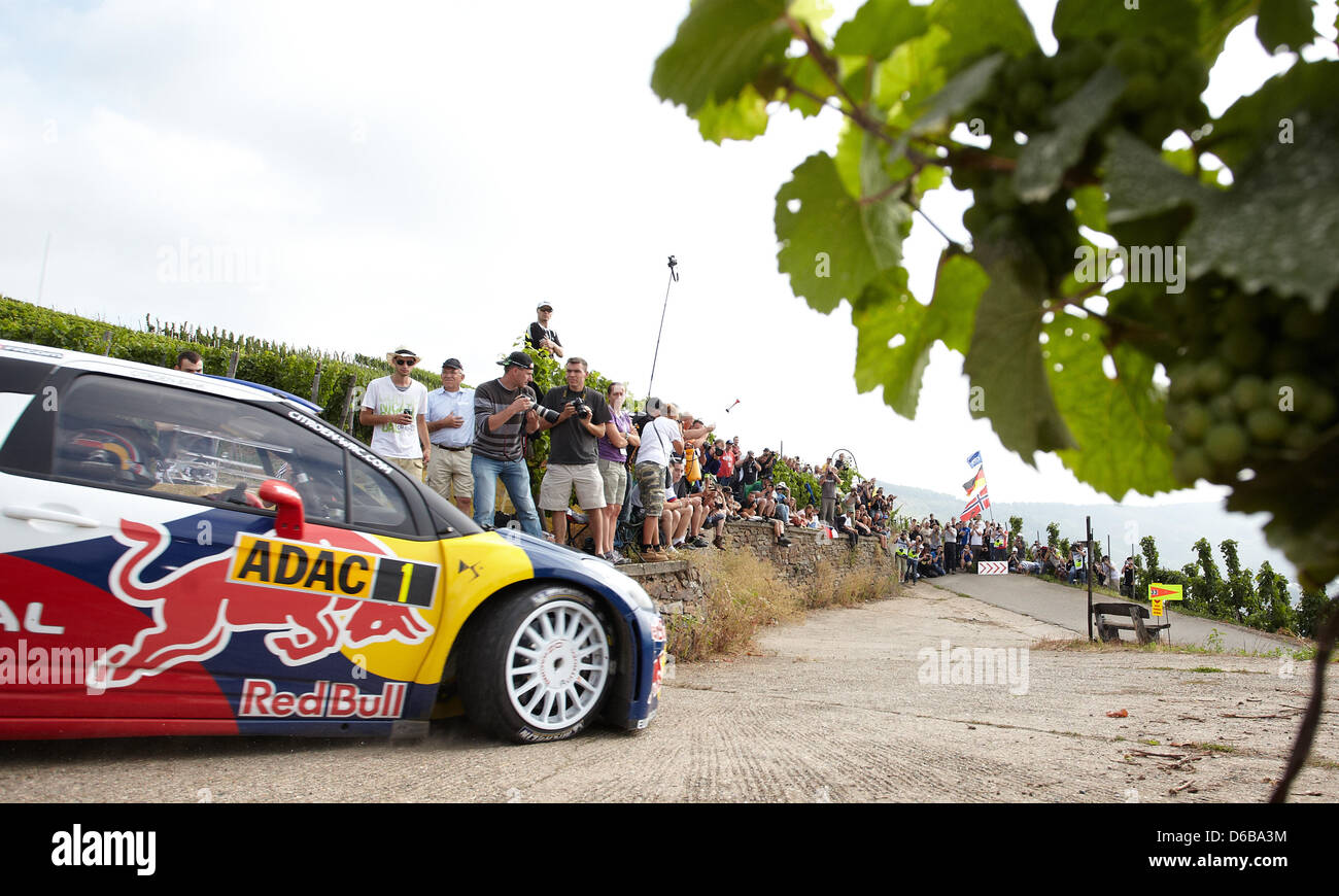 Il francese al pilota di rally Sebastien Loeb e Moroccon co-driver Daniel Elena nel loro Citroen DS3 WRC passa la prima fase speciale della ADAC Rallye Deutschland in vigneti intorno al fiume Mosella vicino Kluesserath, Germania, 24 Agosto 2012 Gli organizzatori aspettano più di 200.000 persone all'evento di tre giorni. Foto: THOMAS FREY Foto Stock