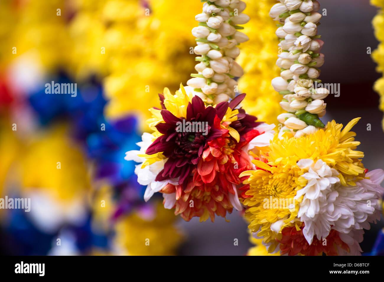 Ghirlande di fiori per il festival indiano visualizzati in una fase di stallo. Foto Stock