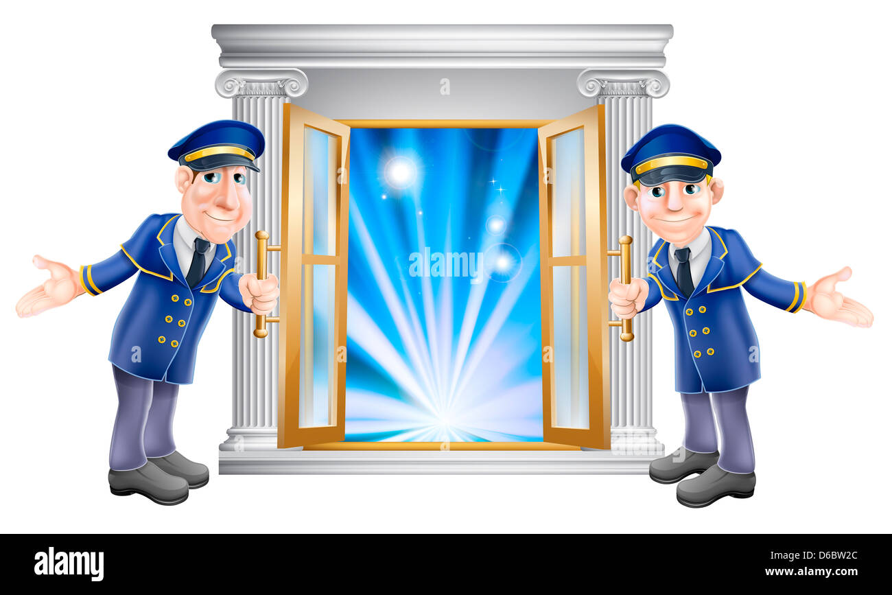 Una illustrazione di due VIP portieri caratteri tenendo aperta una porta all'entrata di un luogo o un hotel Foto Stock