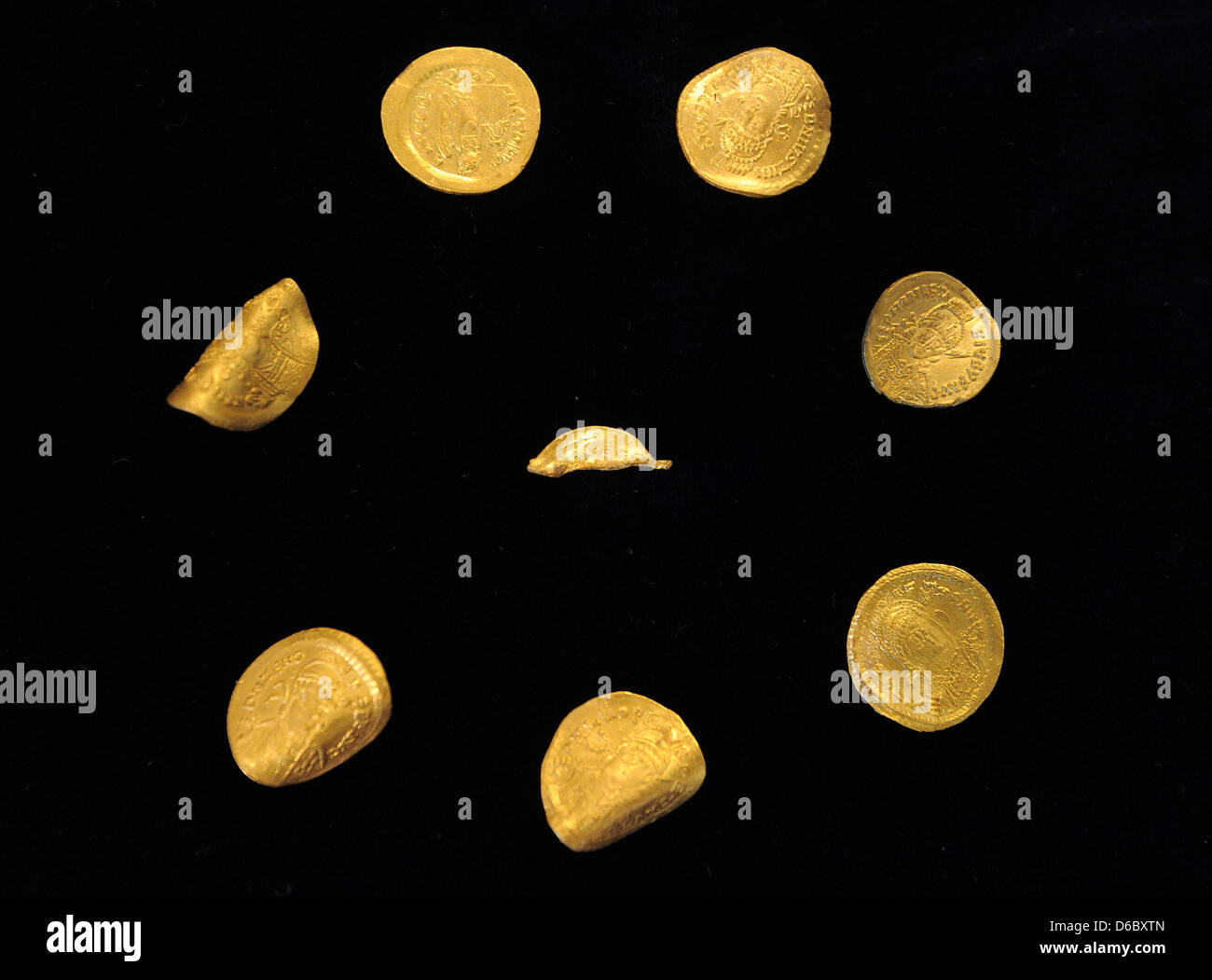 Un archeologo presenta le monete d'oro presso la cancelleria di Stato a Potsdam, Germania, 05 gennaio 2012. Otto monete d'oro, che sono parte di un tesoro bizantino, sono stati trovati nella regione Uckermark nel novembre 2011. 200 monete d oro della stessa origine sono stati già rilevati nel XIX secolo durante il lavoro nei campi. Foto: Bernd Settnik Foto Stock