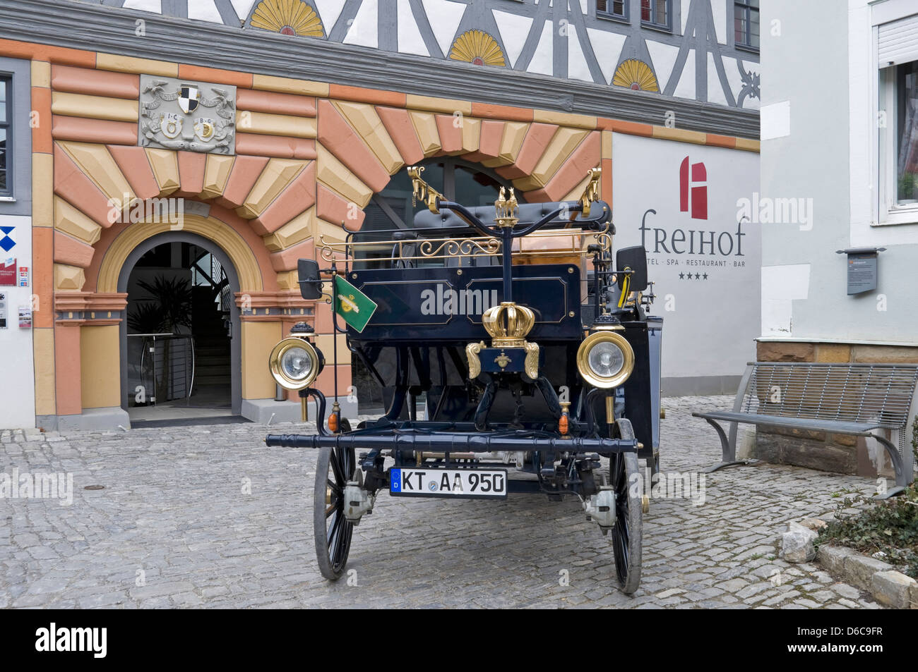 Horseless Aaglander carrello presso l'Hotel Freihof in Prichenstadt, Franconia, Baviera, Germania. Foto Stock