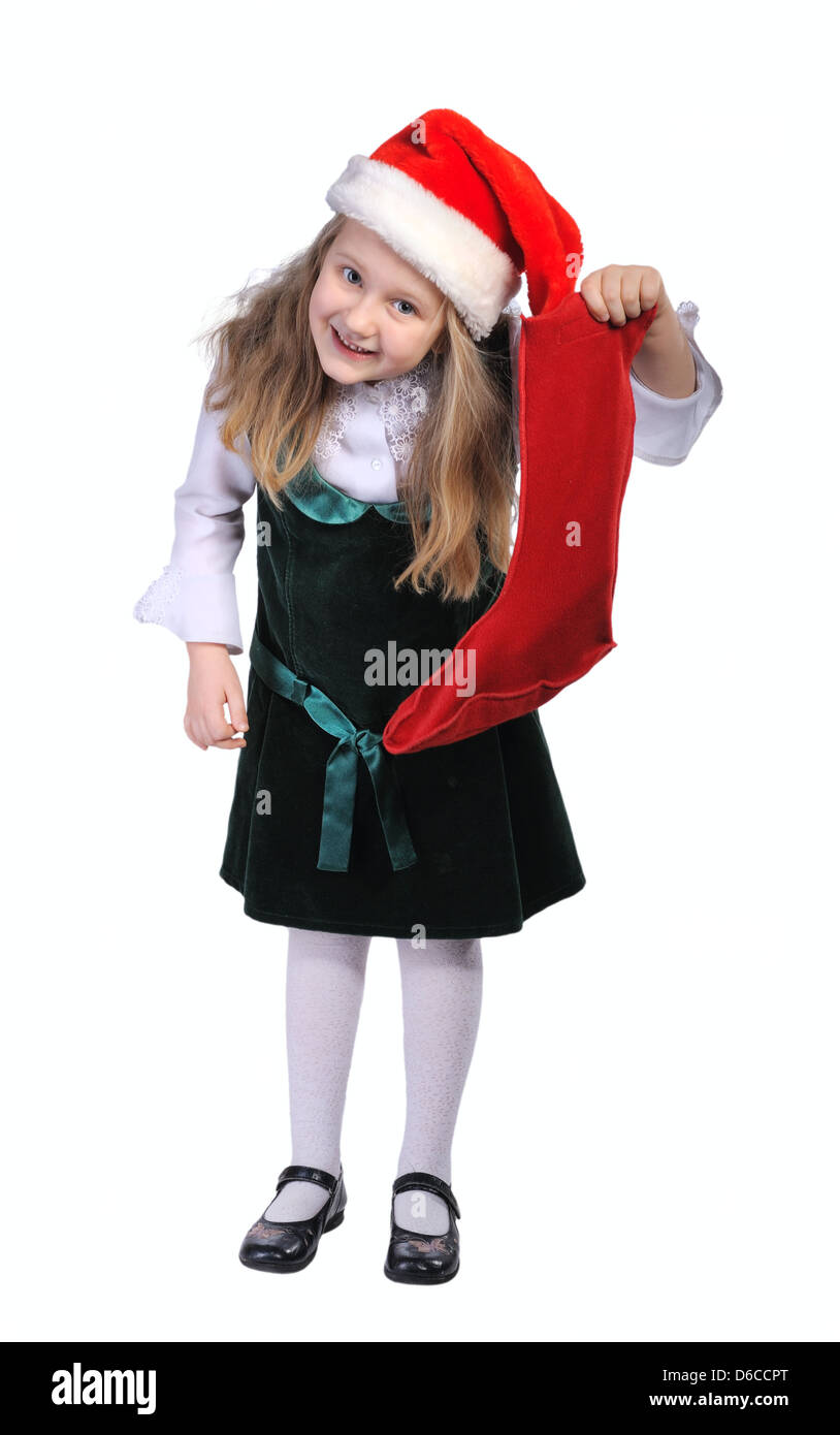 Ragazza con Red Hat e calza rossa, isolato Foto Stock