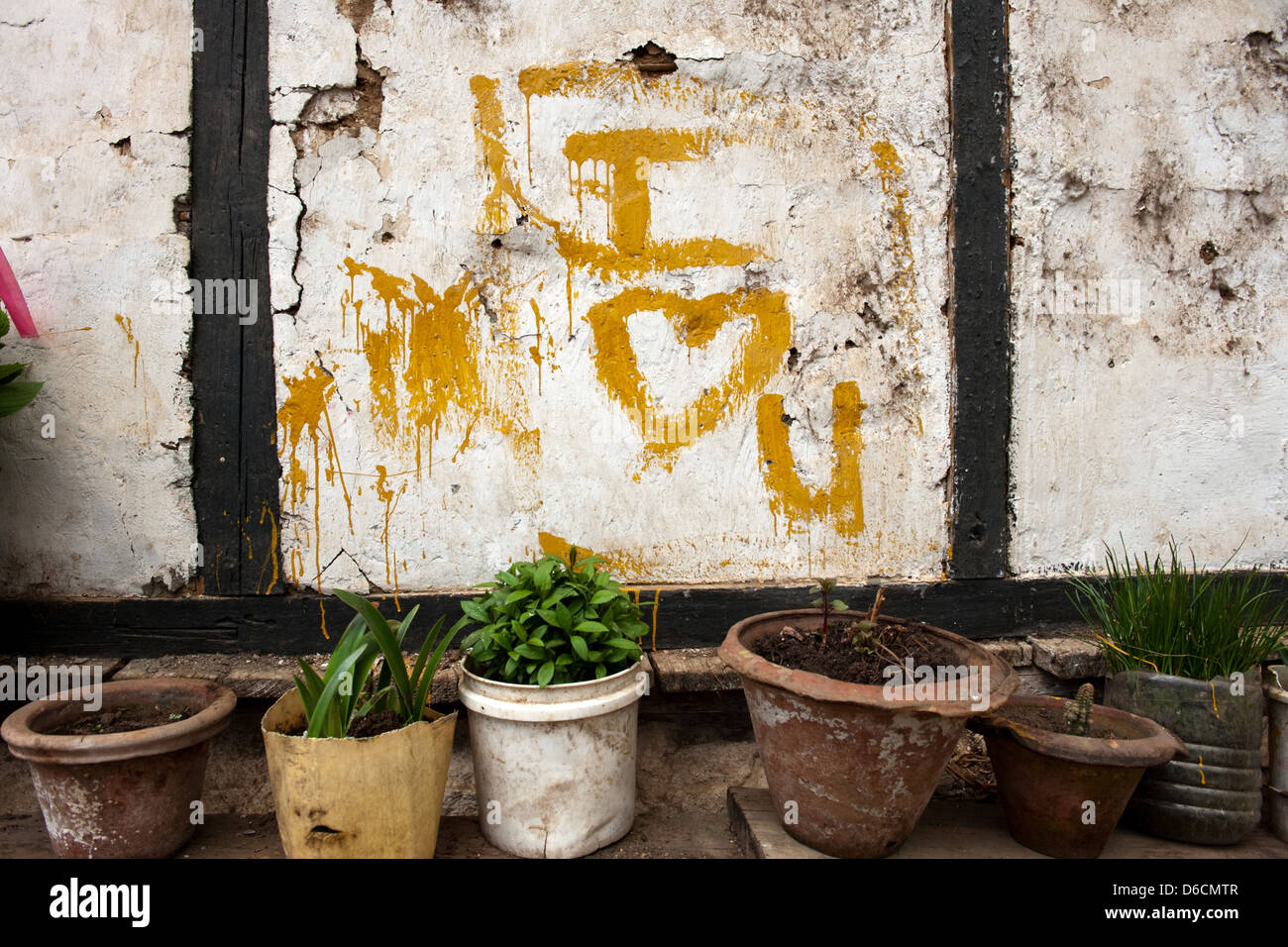 Thimphu, Bhutan, un muro di casa con la scritta-ti amo e Blumentoepfen Foto Stock