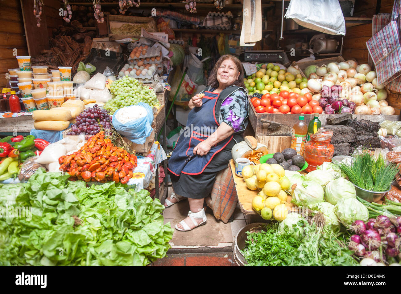 Donna con fornitori di prodotti freschi presso un mercato agricolo in Puerto Montt, Cile Foto Stock