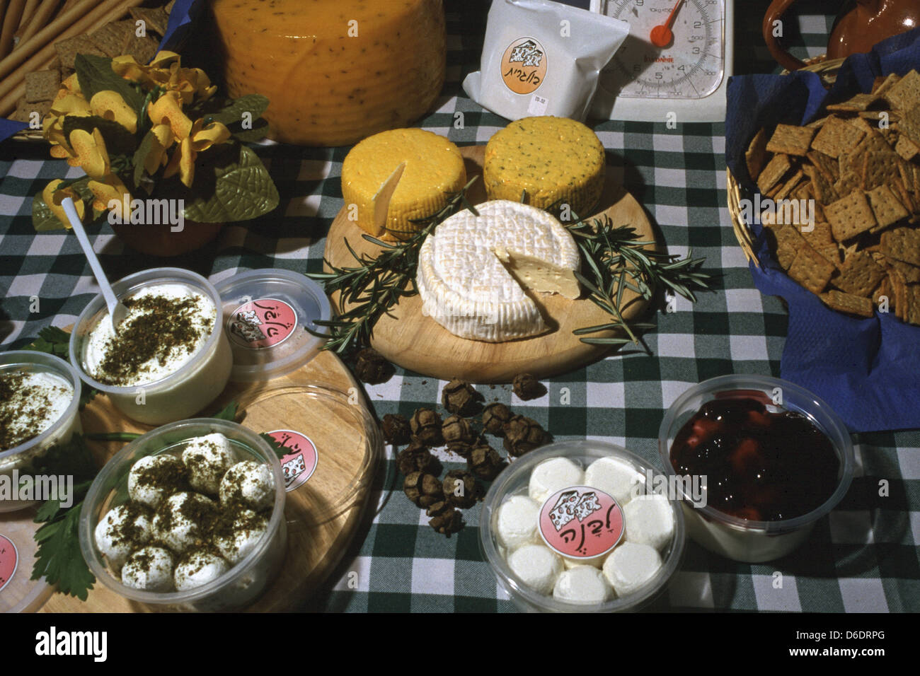 A buffet assortiti di formaggi tradizionali serviti in una sala da pranzo in un kibbutz in Israele Foto Stock